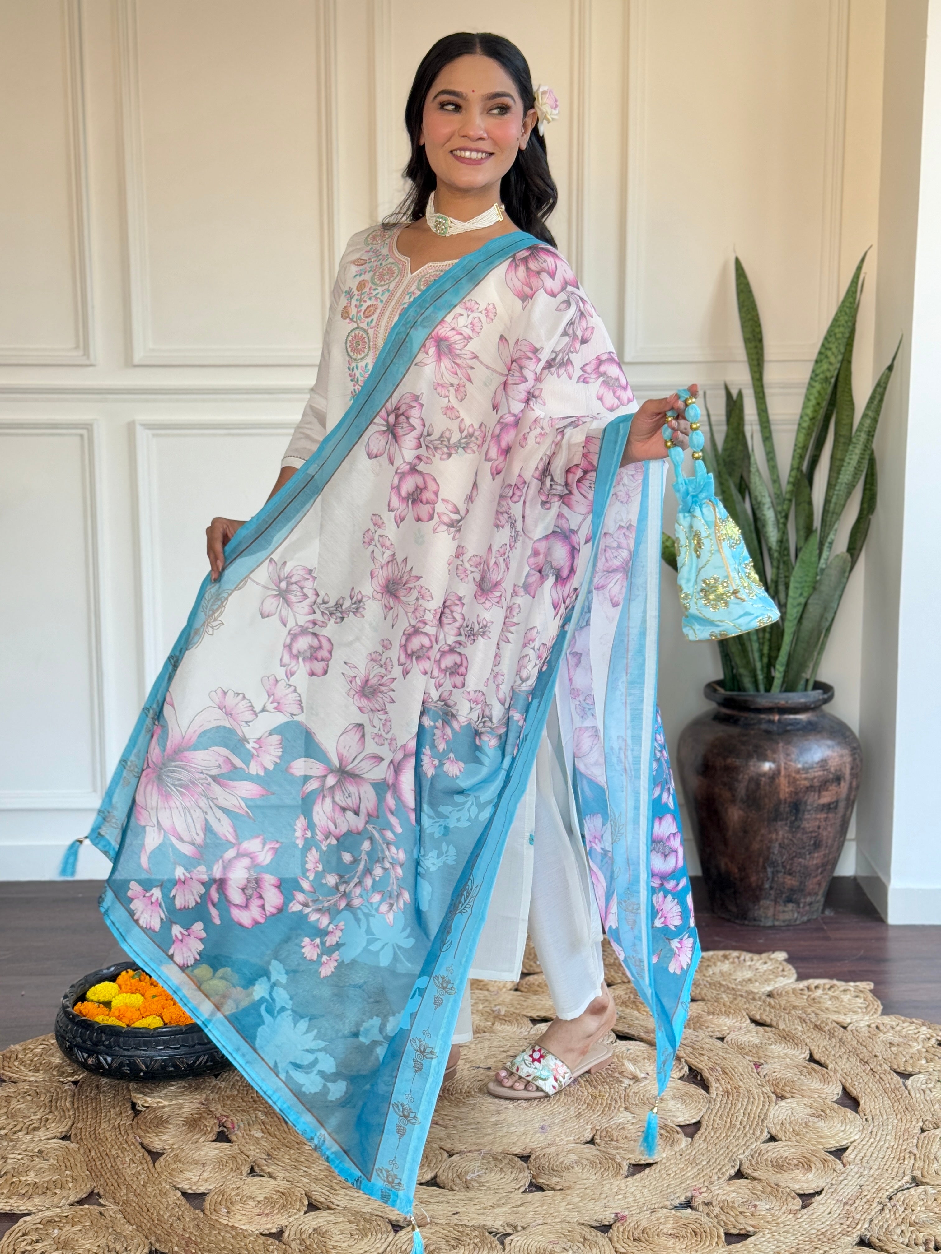 White &amp; Blue Chanderi Kurti Set with Floral Print Silk Dupatta
