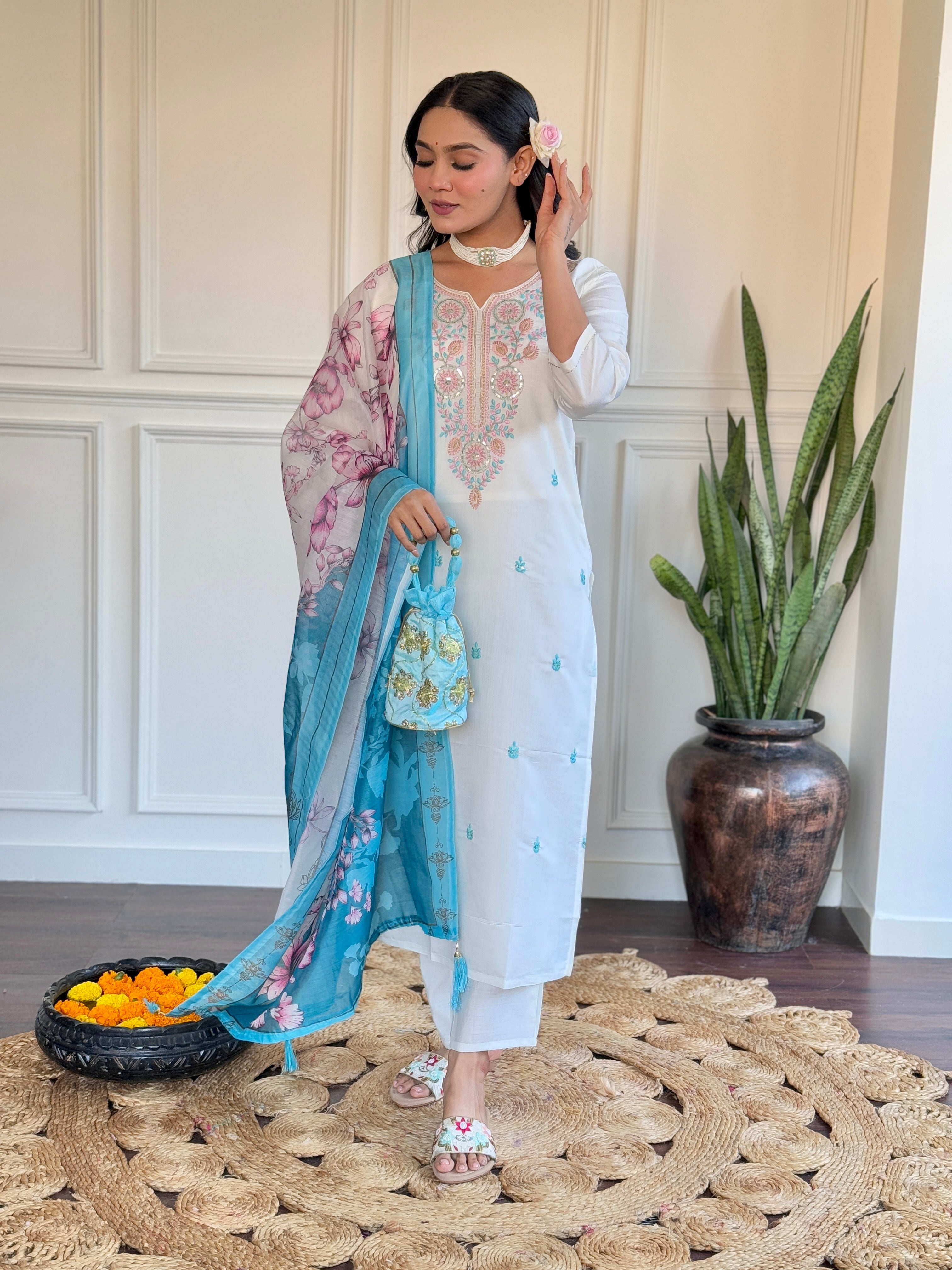 White & Blue Chanderi Kurti Set with Floral Print Silk Dupatta
