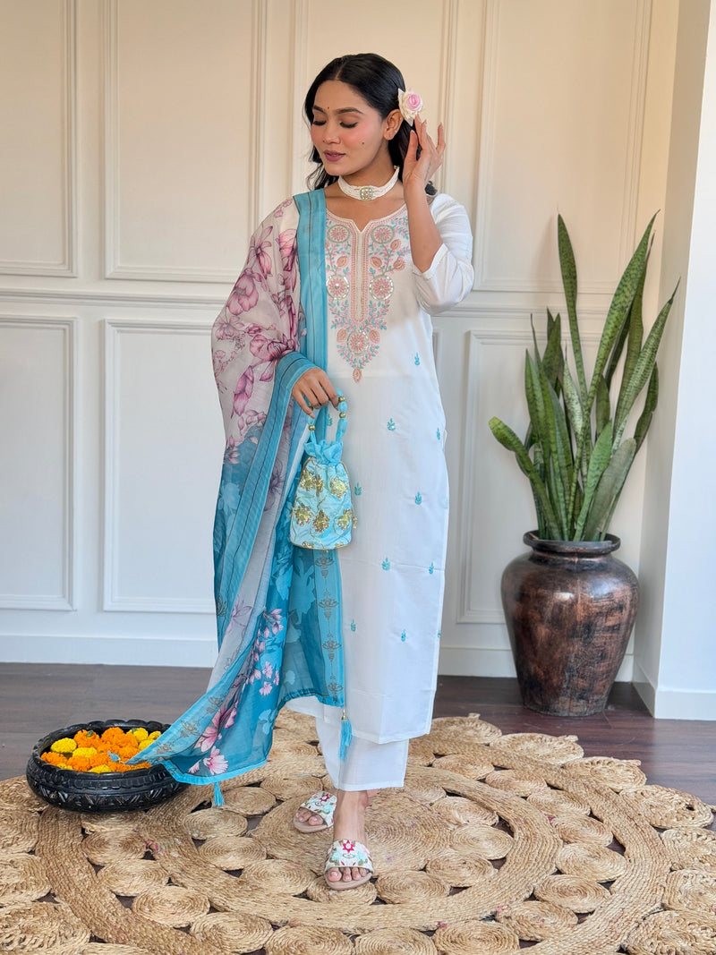 White & Blue Chanderi Kurti Set with Floral Print Silk Dupatta