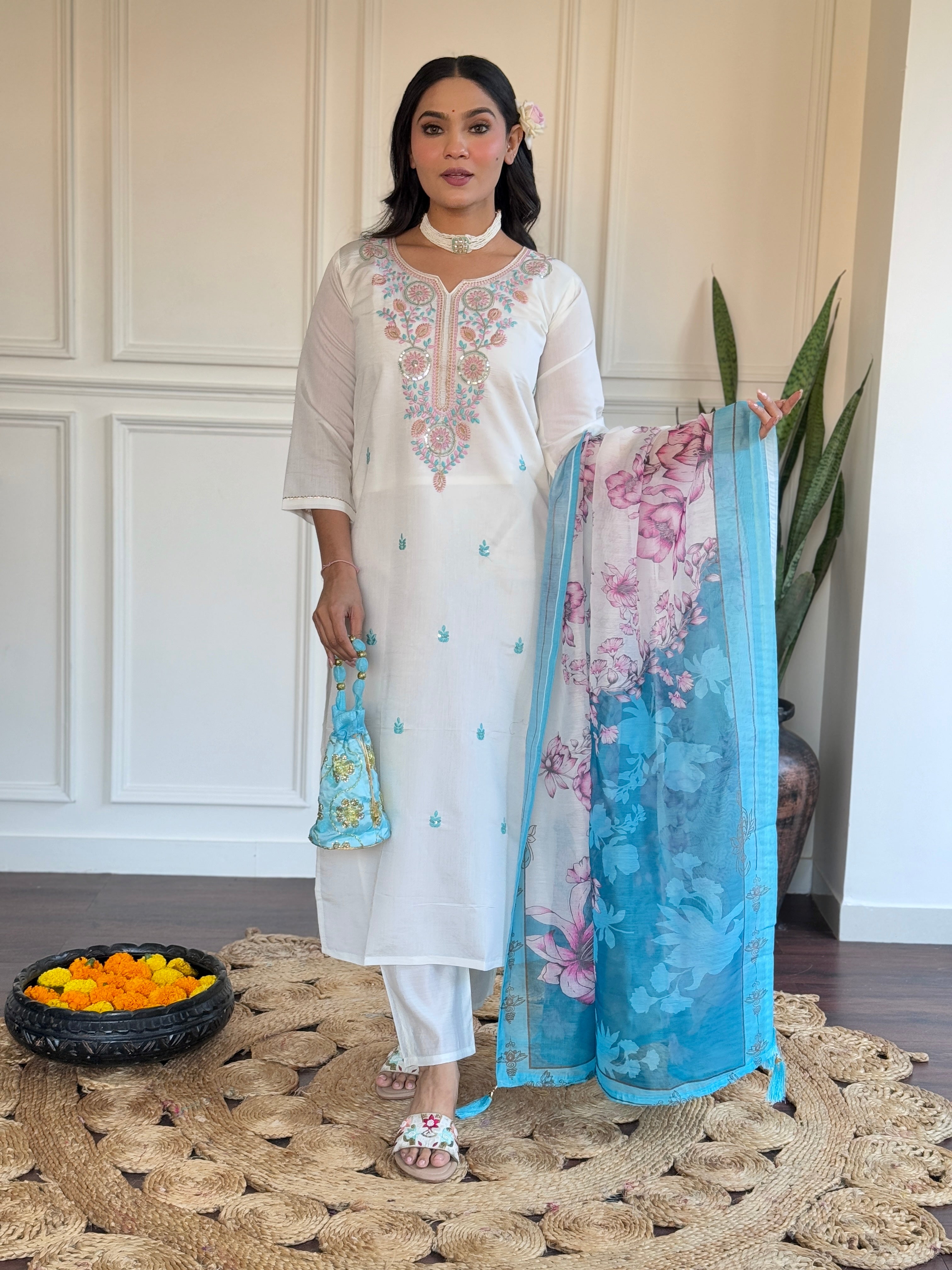 White &amp; Blue Chanderi Kurti Set with Floral Print Silk Dupatta
