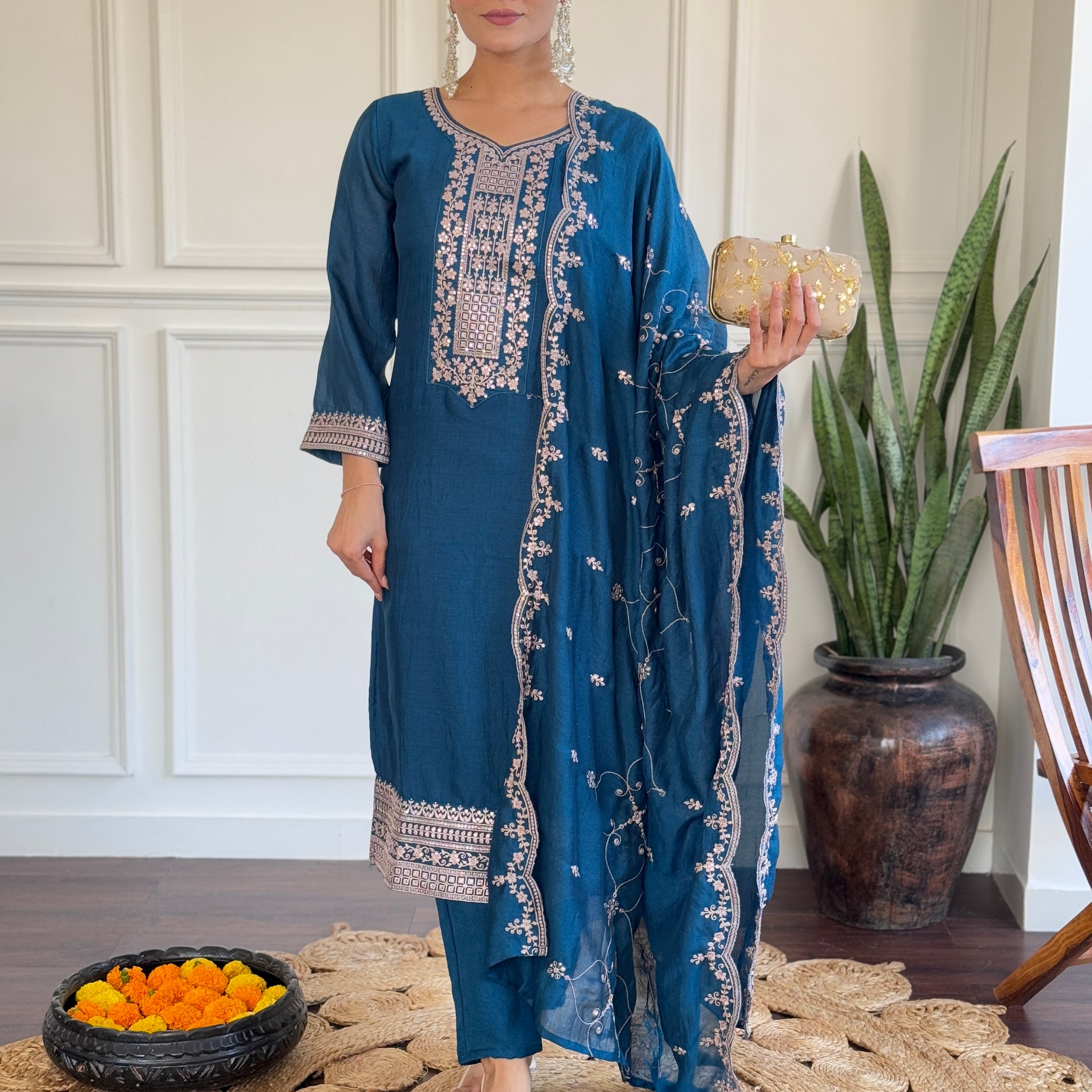 Teal Blue Vichitra Silk Kurti Set with Embroidered Dupatta