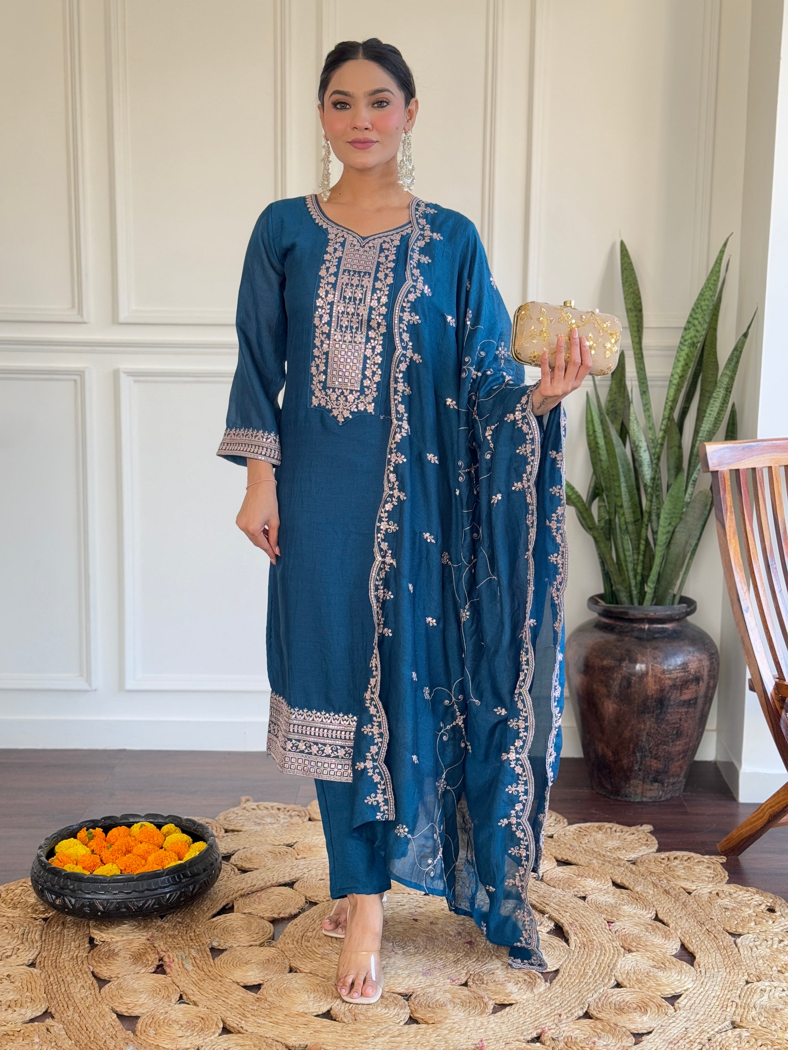 Teal Blue Vichitra Silk Kurti Set with Embroidered Dupatta