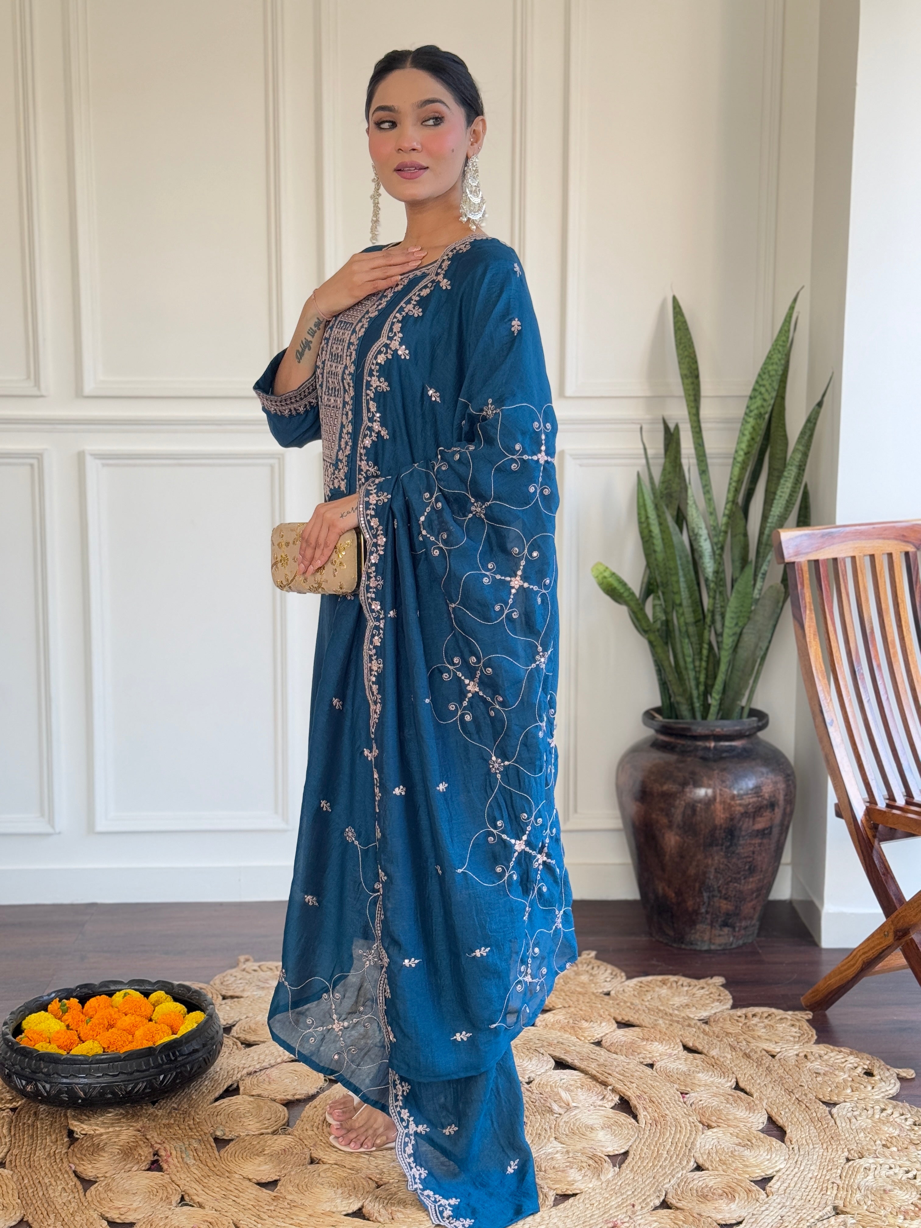 Teal Blue Vichitra Silk Kurti Set with Embroidered Dupatta