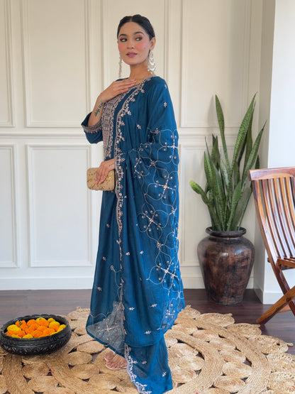 Teal Blue Vichitra Silk Kurti Set with Embroidered Dupatta