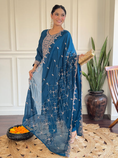 Teal Blue Vichitra Silk Kurti Set with Embroidered Dupatta