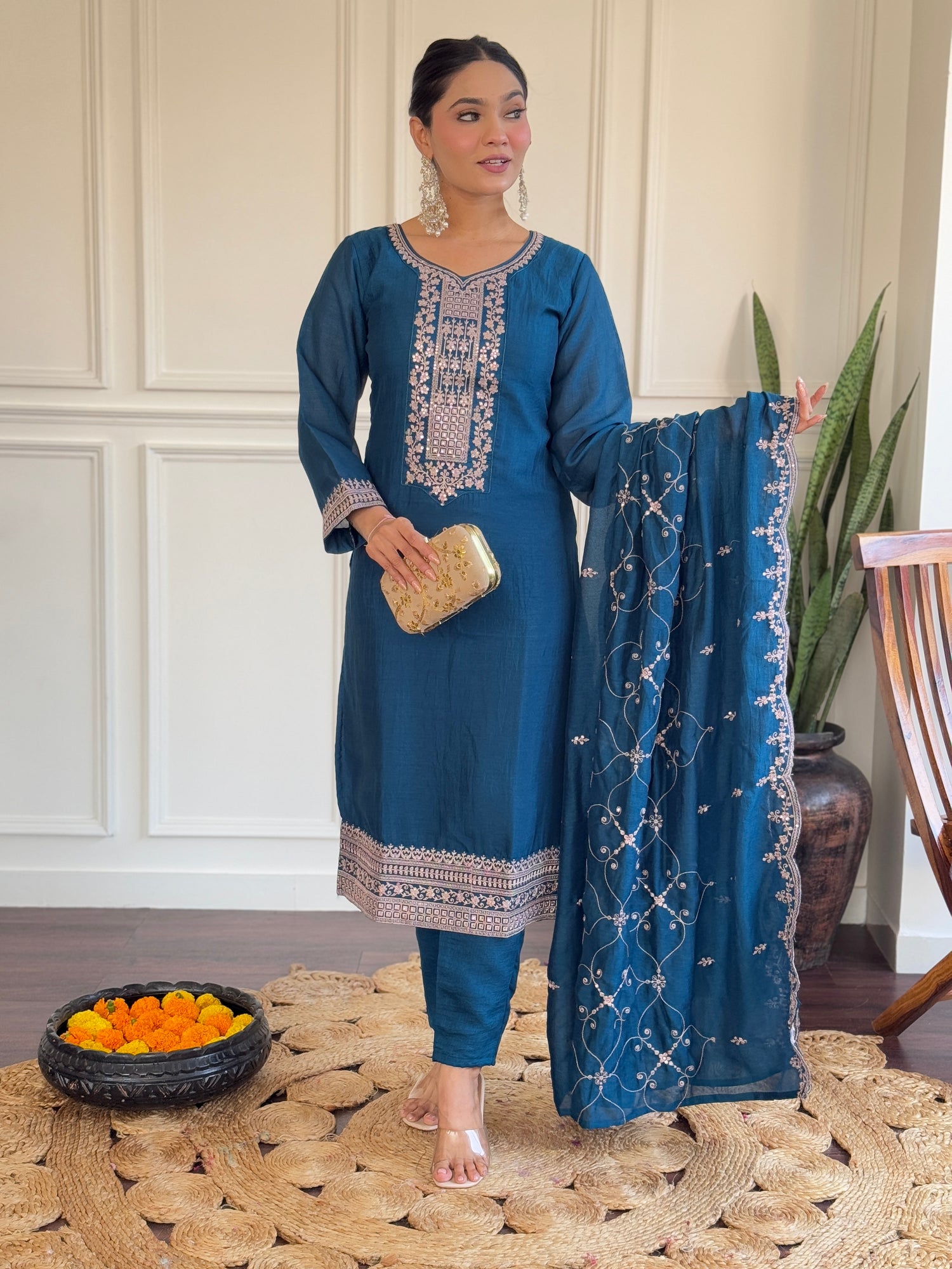 Teal Blue Vichitra Silk Kurti Set with Embroidered Dupatta