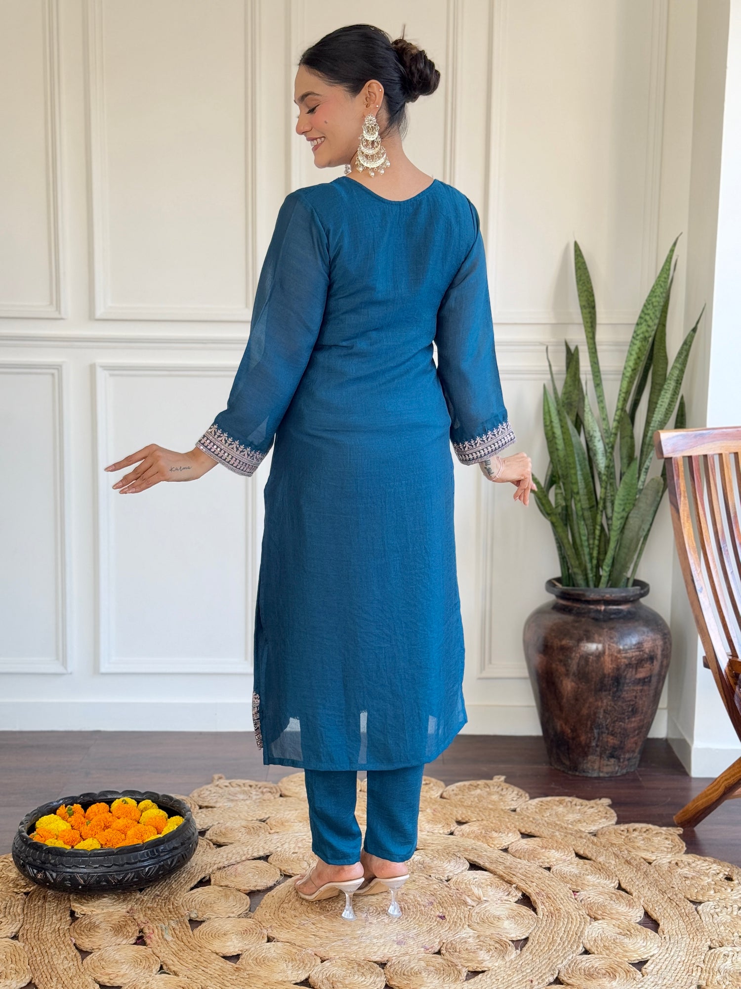 Teal Blue Vichitra Silk Kurti Set with Embroidered Dupatta