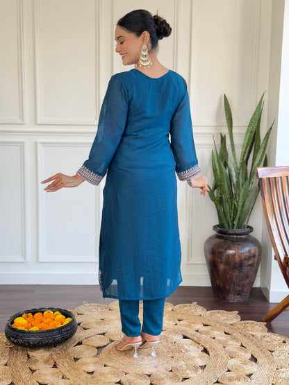 Teal Blue Vichitra Silk Kurti Set with Embroidered Dupatta