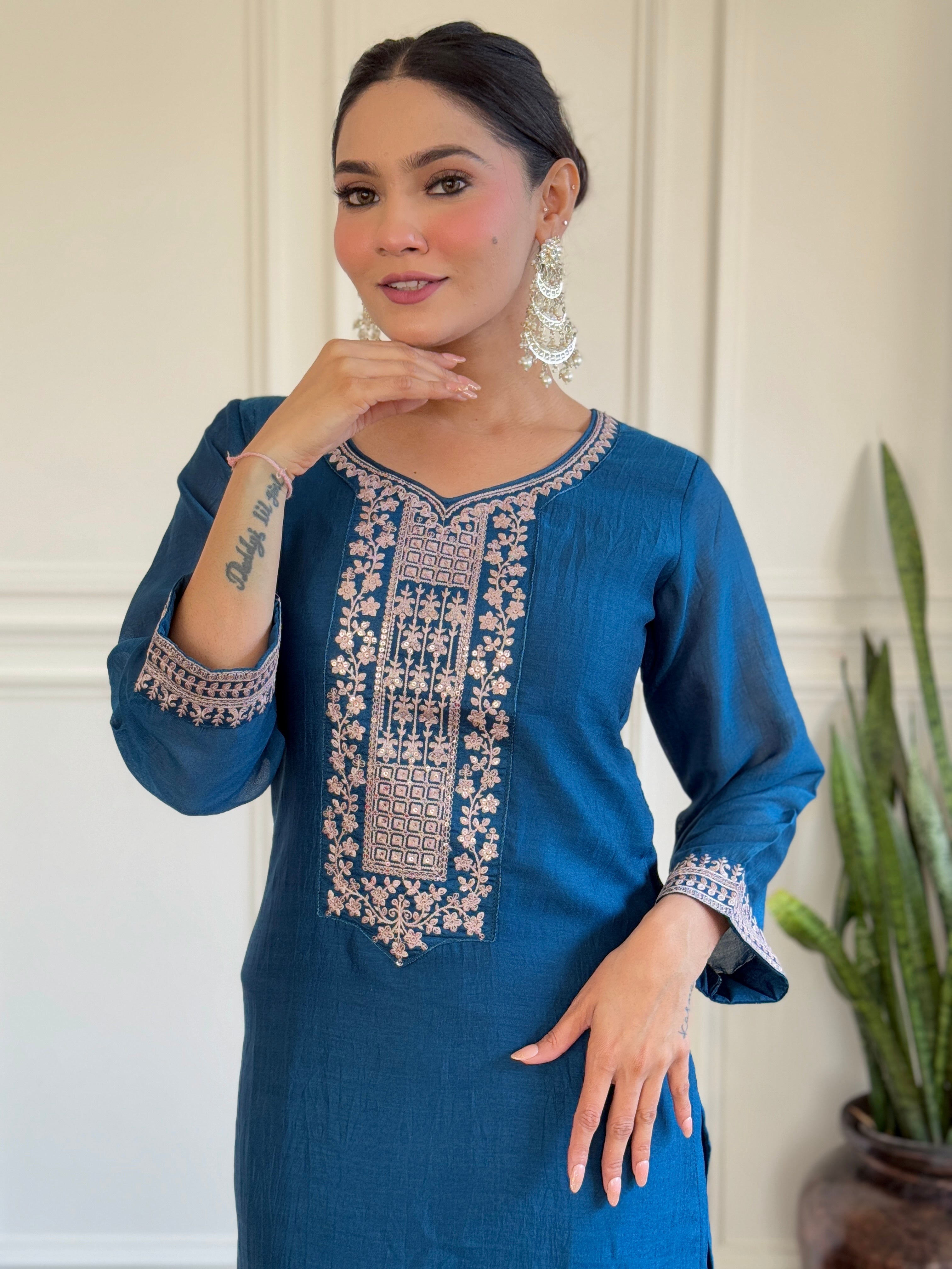 Teal Blue Vichitra Silk Kurti Set with Embroidered Dupatta