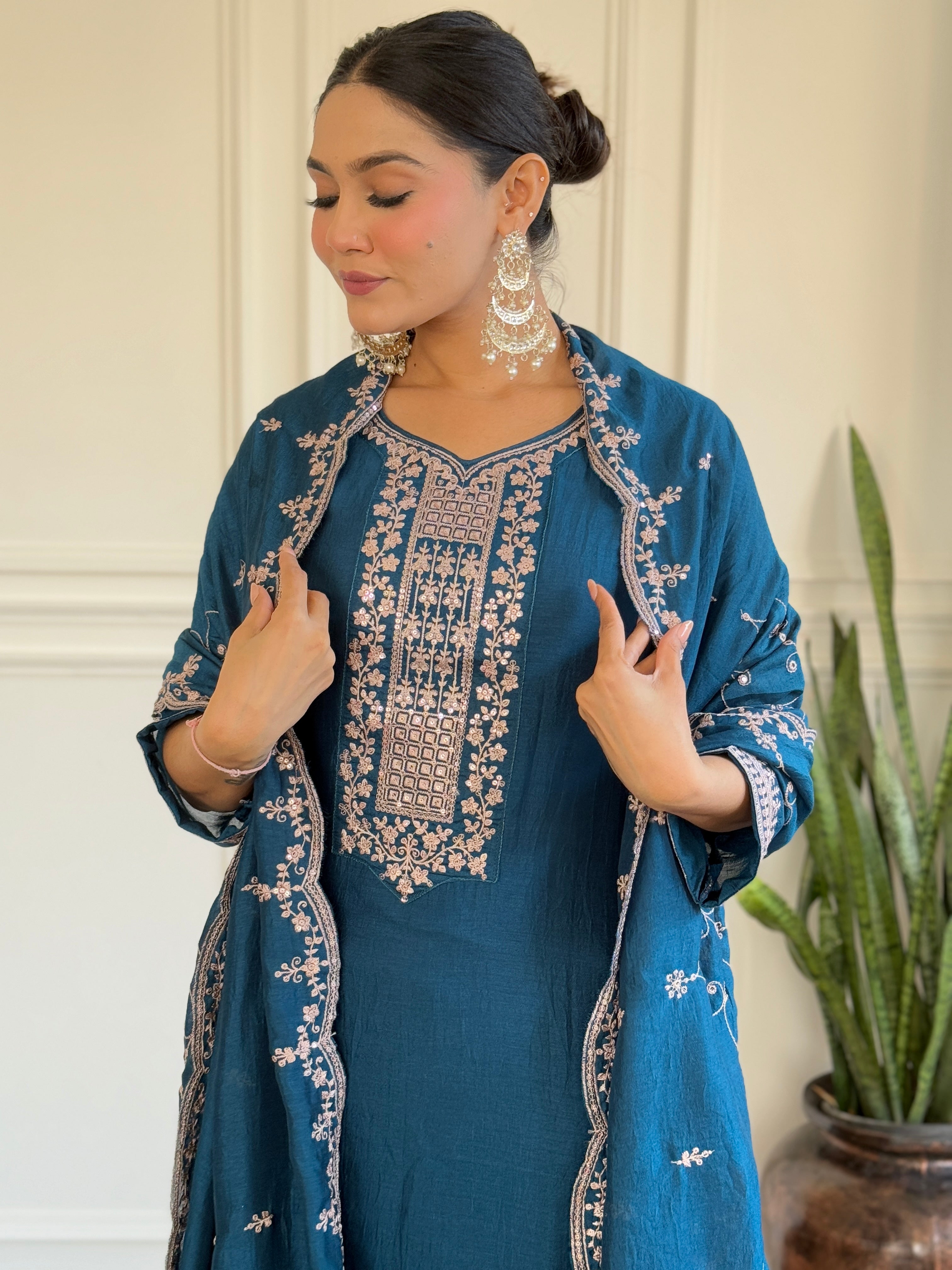 Teal Blue Vichitra Silk Kurti Set with Embroidered Dupatta
