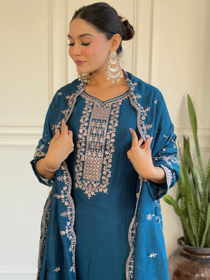 Teal Blue Vichitra Silk Kurti Set with Embroidered Dupatta