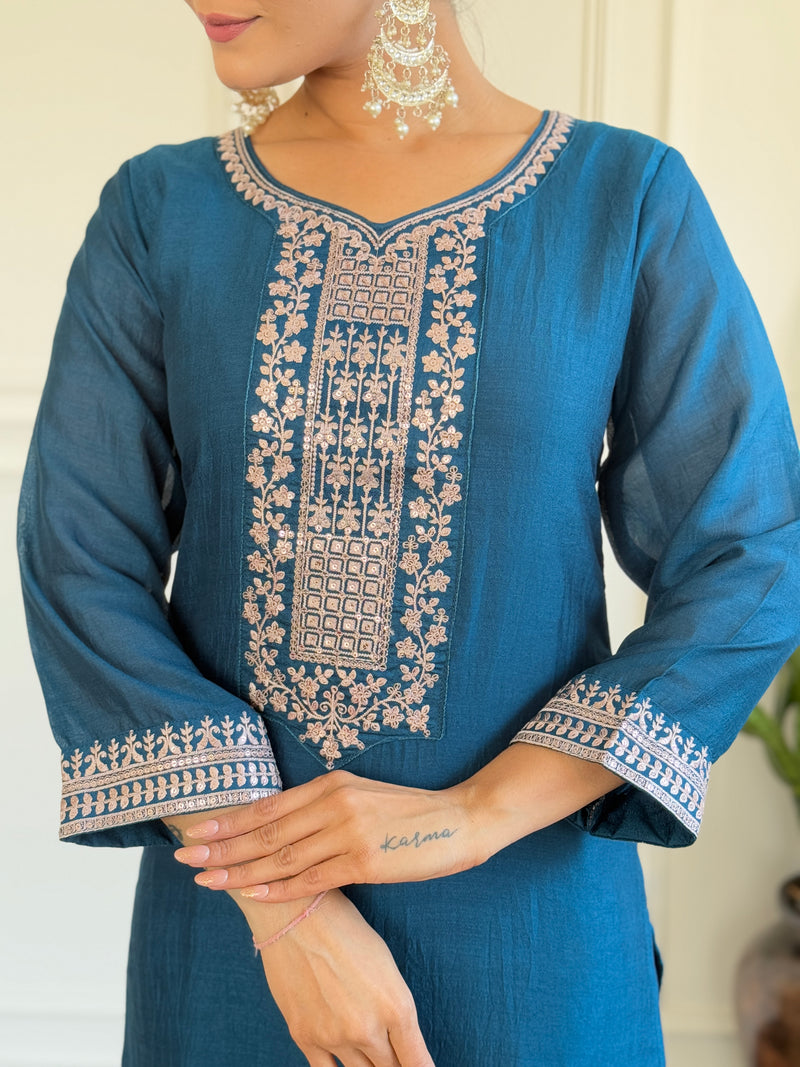 Teal Blue Vichitra Silk Kurti Set with Embroidered Dupatta