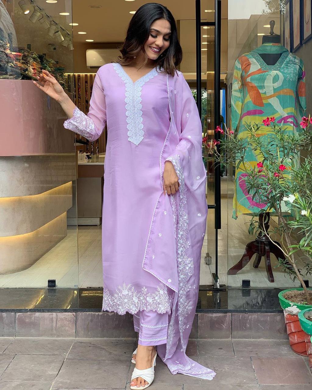 Lavender Georgette Kurti Set with Embroidered Dupatta