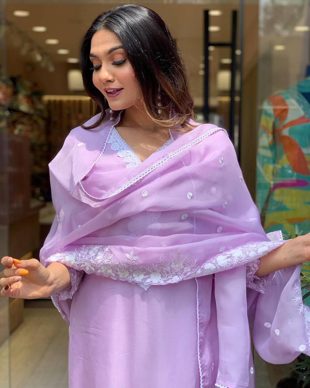 Lavender Georgette Kurti Set with Embroidered Dupatta