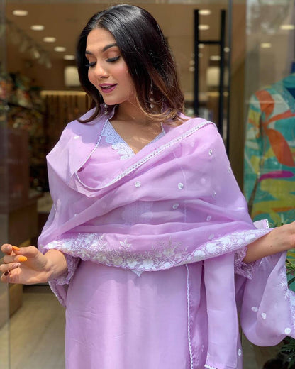 Lavender Georgette Kurti Set with Embroidered Dupatta