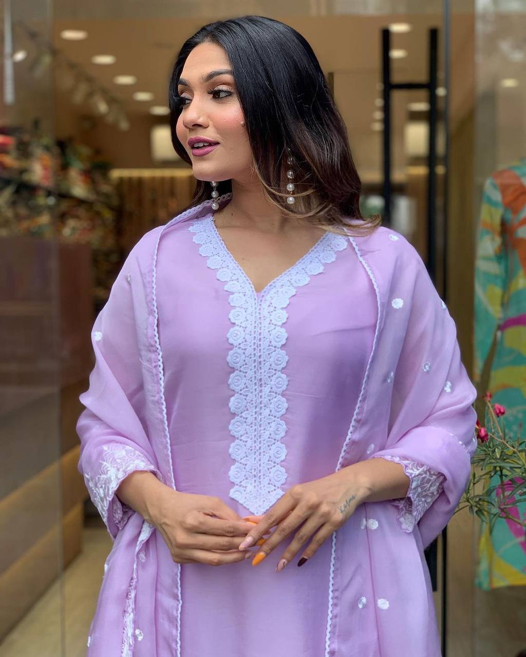 Lavender Georgette Kurti Set with Embroidered Dupatta