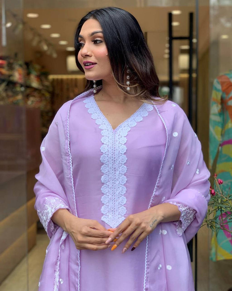 Lavender Georgette Kurti Set with Embroidered Dupatta