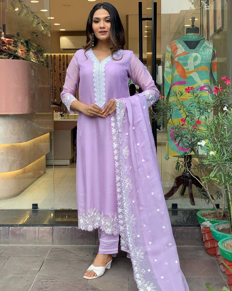 Lavender Georgette Kurti Set with Embroidered Dupatta