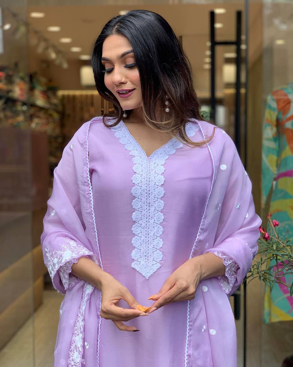Lavender Georgette Kurti Set with Embroidered Dupatta