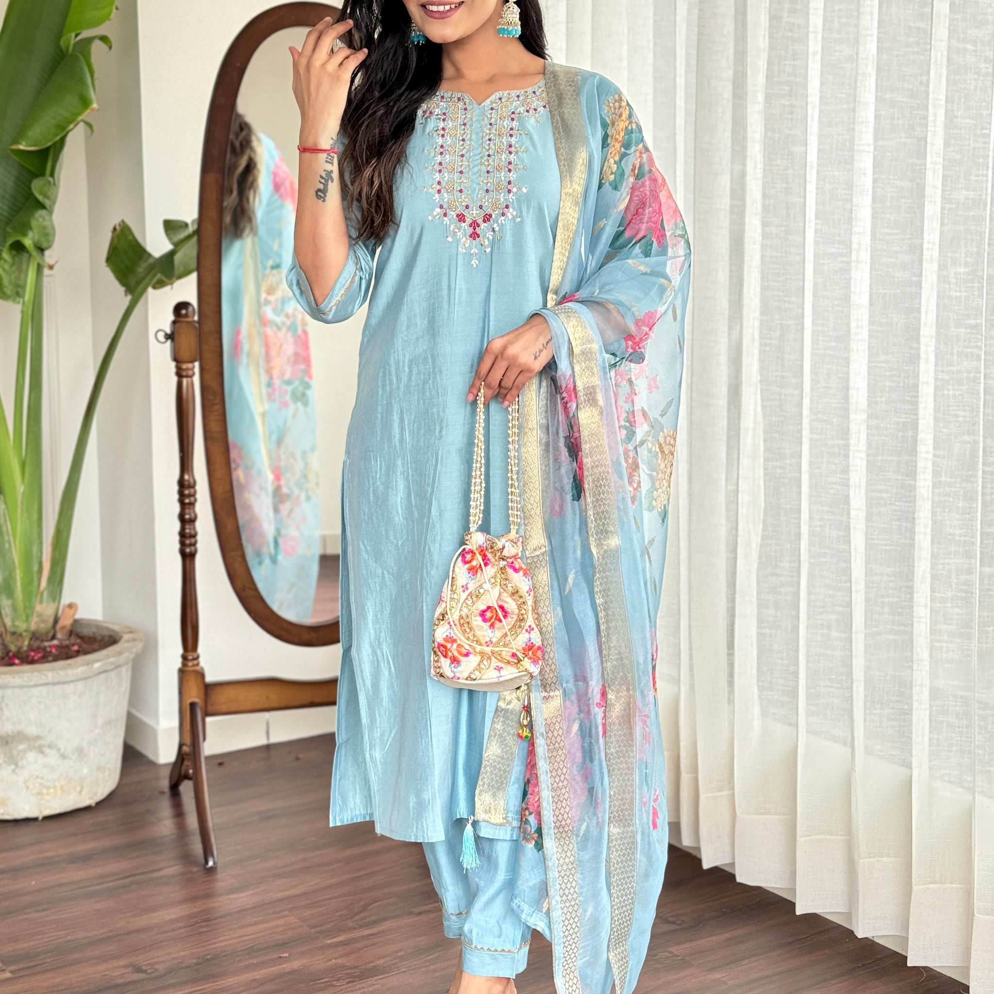 Rama Blue Viscose Chanderi Kurti Set with Jacquard Butti Dupatta