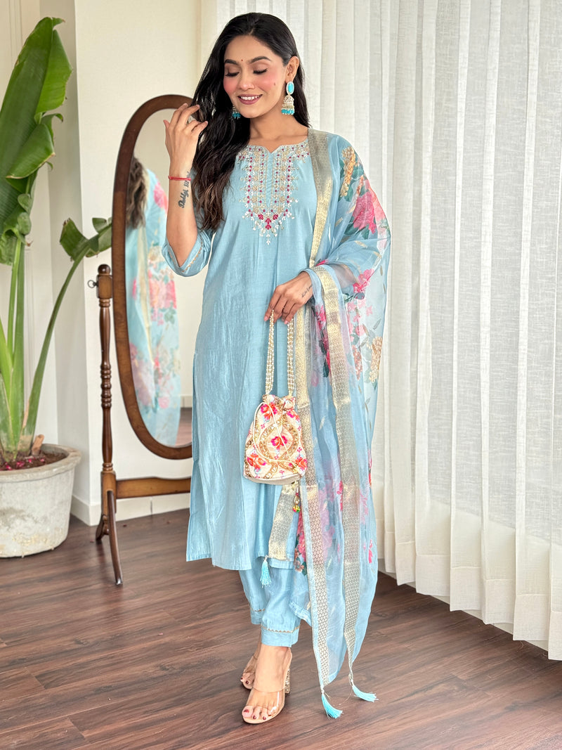 Rama Blue Viscose Chanderi Kurti Set with Jacquard Butti Dupatta
