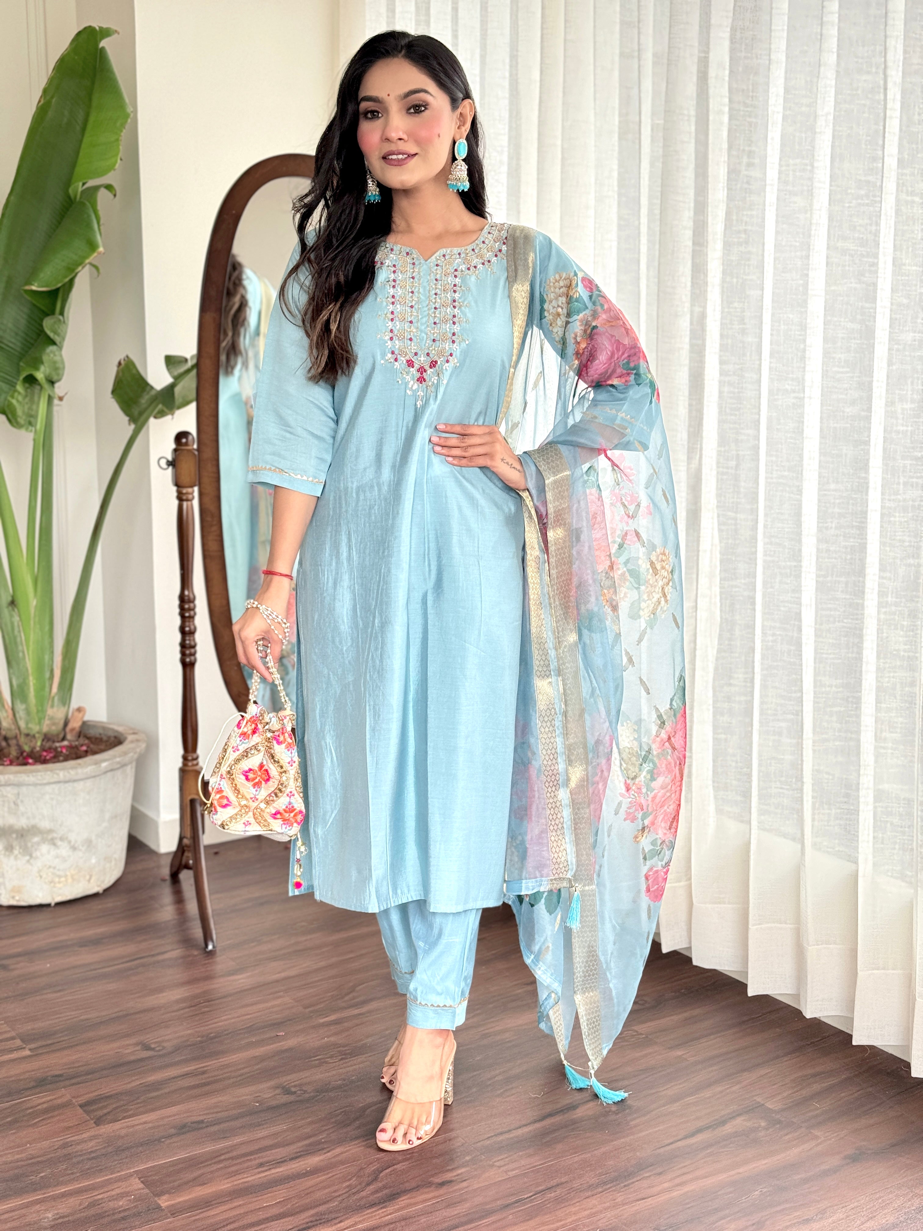 Rama Blue Viscose Chanderi Kurti Set with Jacquard Butti Dupatta