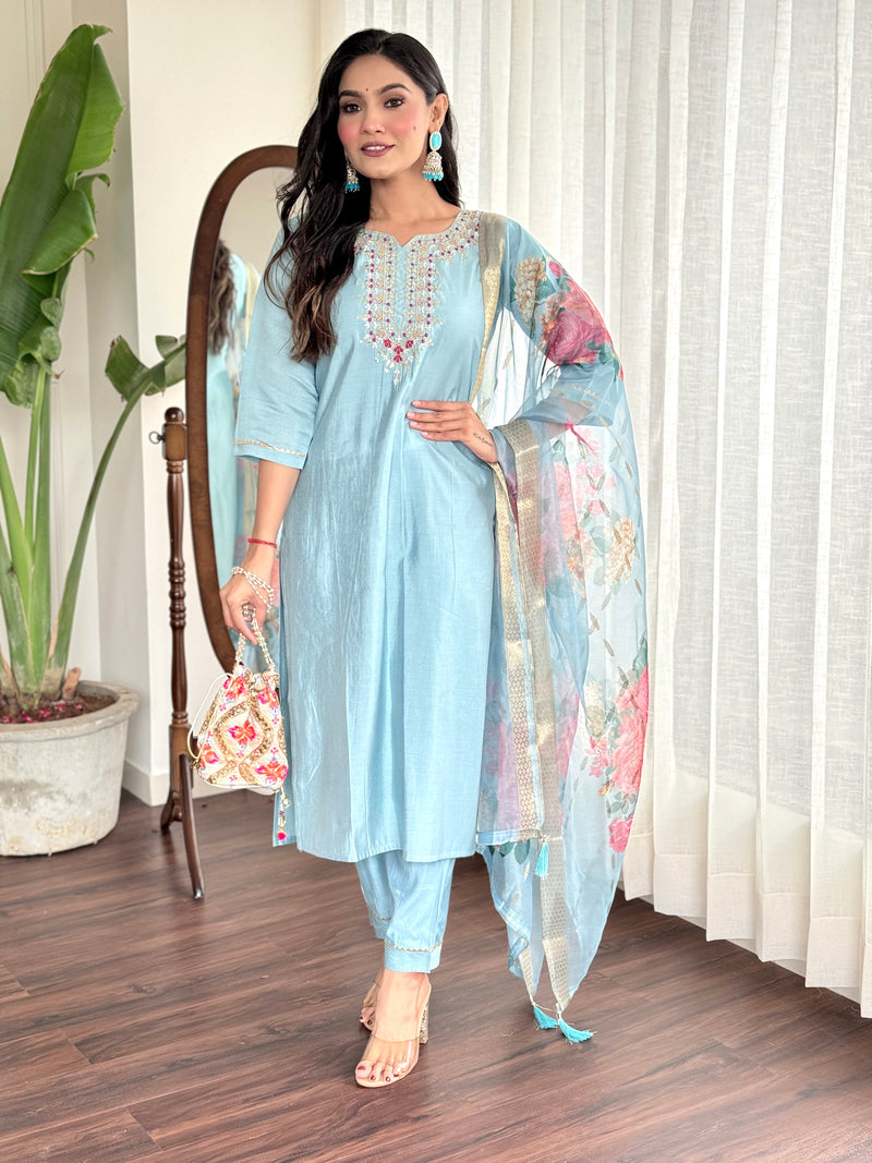 Rama Blue Viscose Chanderi Kurti Set with Jacquard Butti Dupatta