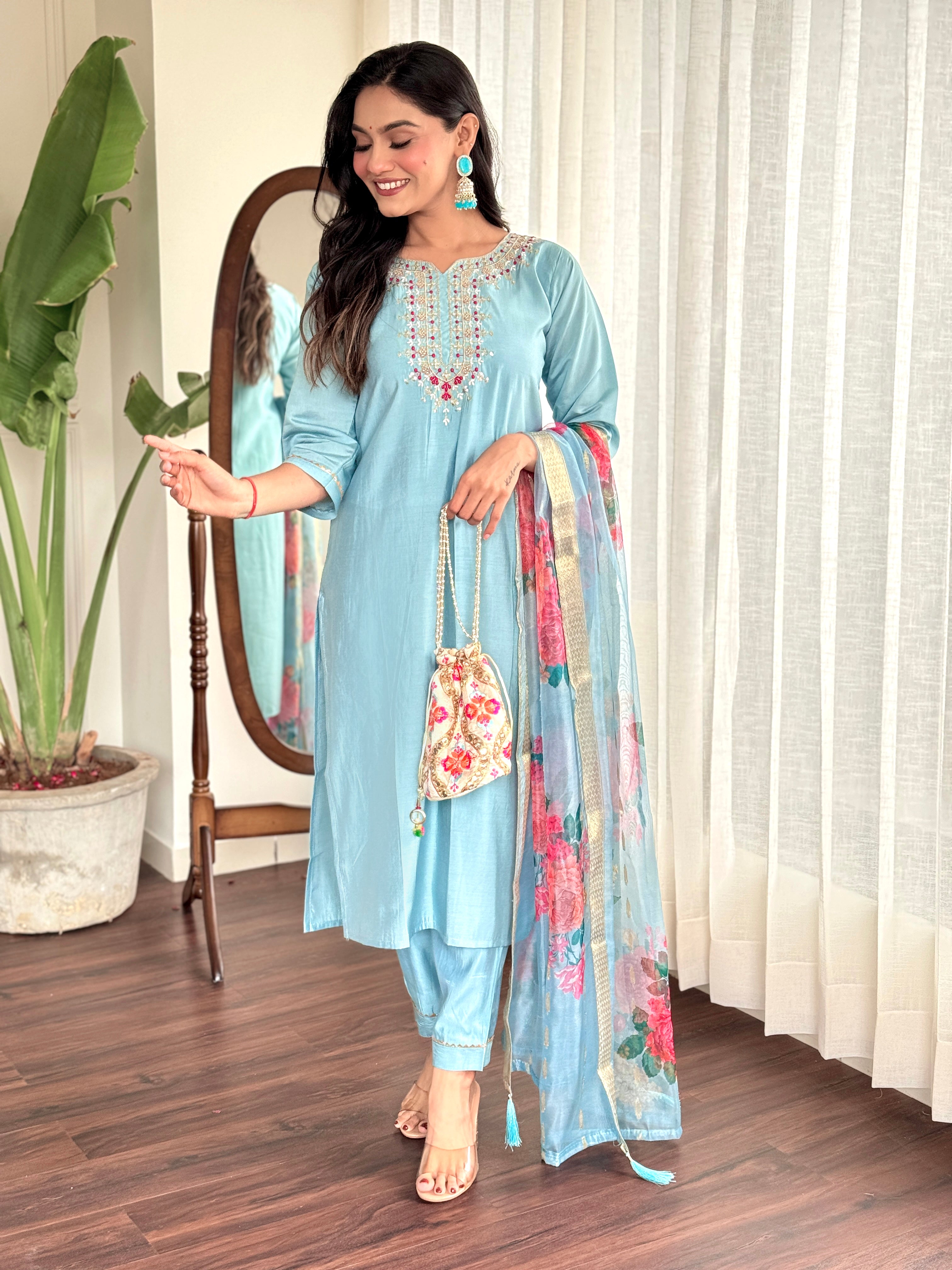 Rama Blue Viscose Chanderi Kurti Set with Jacquard Butti Dupatta