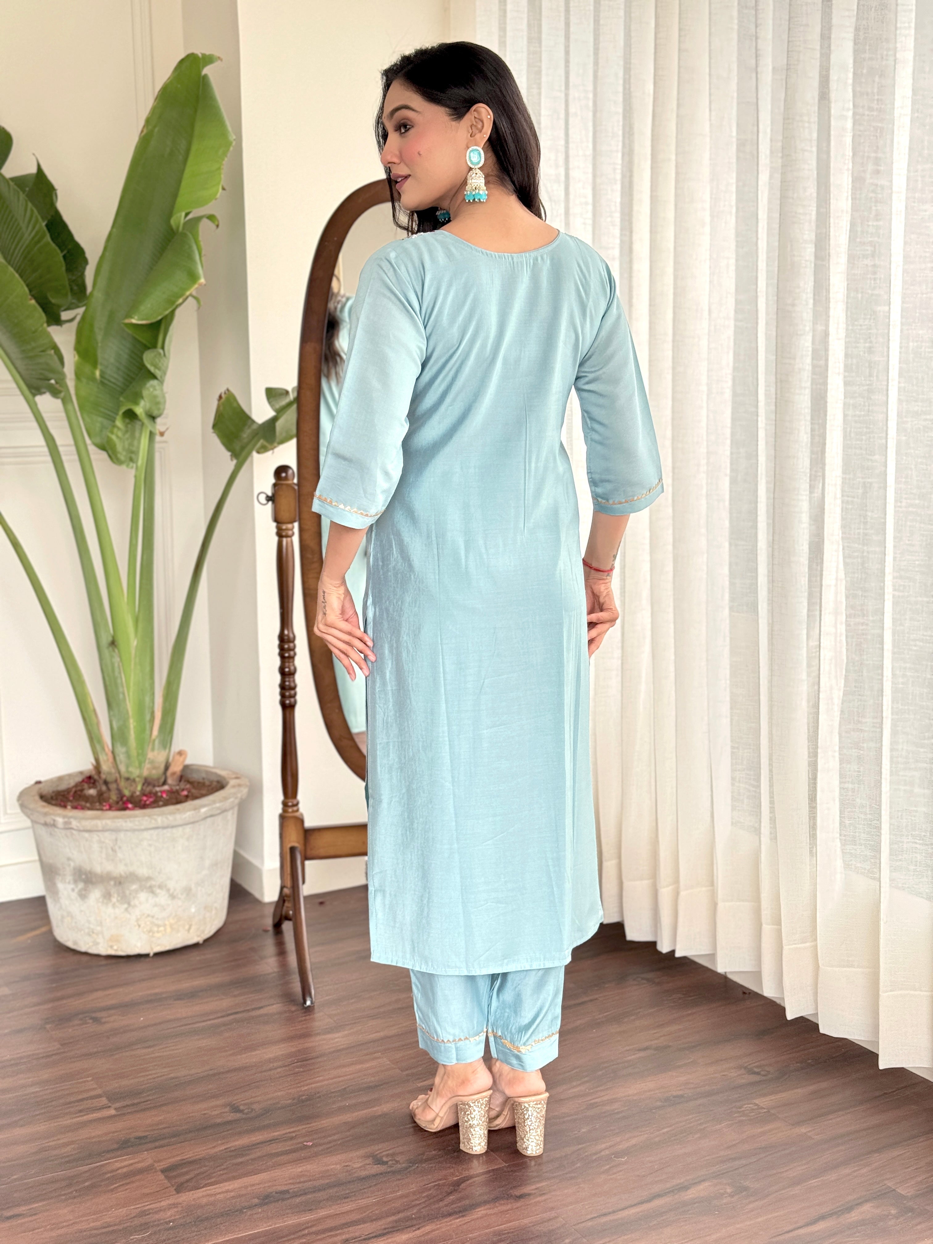 Rama Blue Viscose Chanderi Kurti Set with Jacquard Butti Dupatta