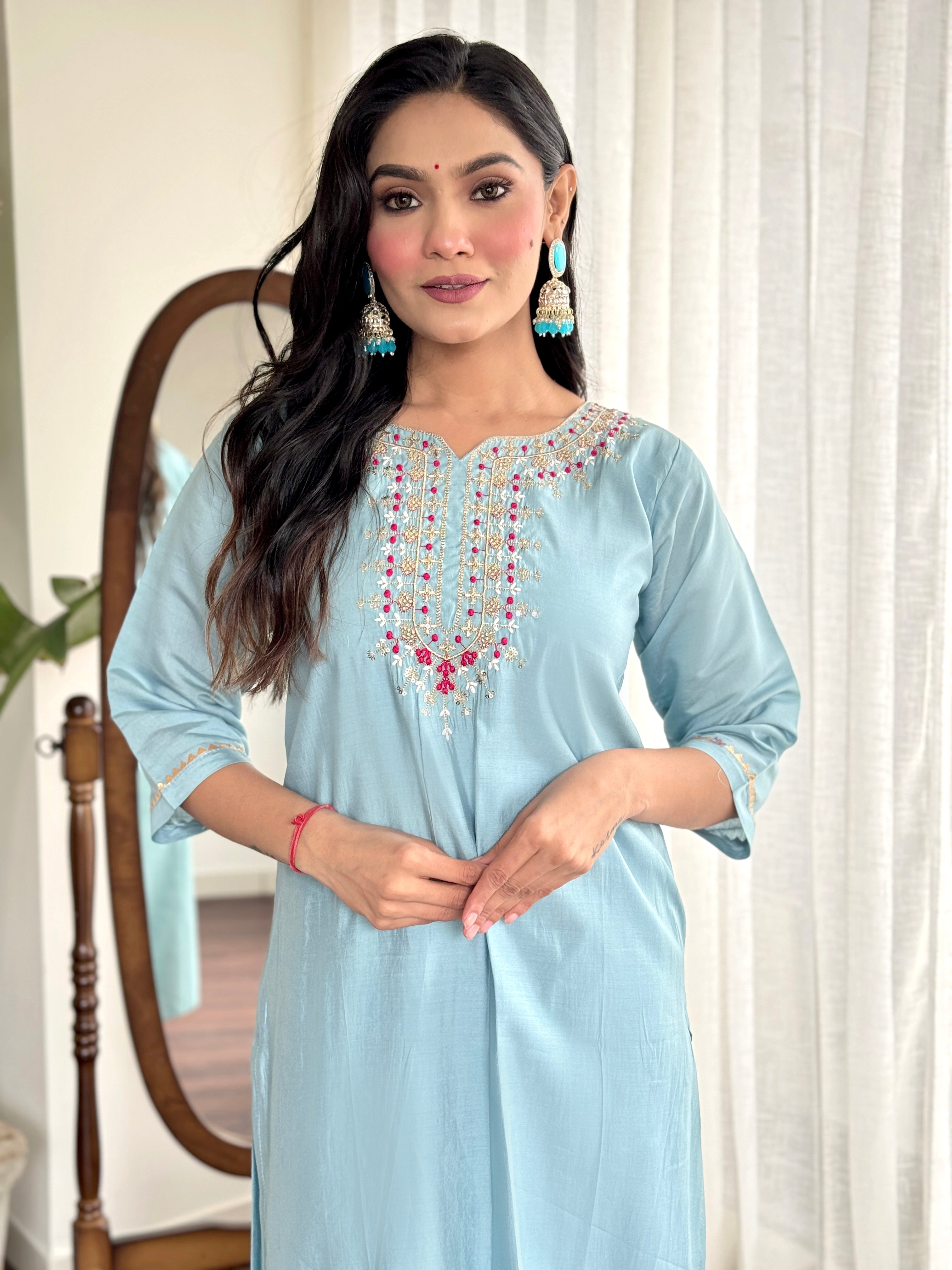 Rama Blue Viscose Chanderi Kurti Set with Jacquard Butti Dupatta