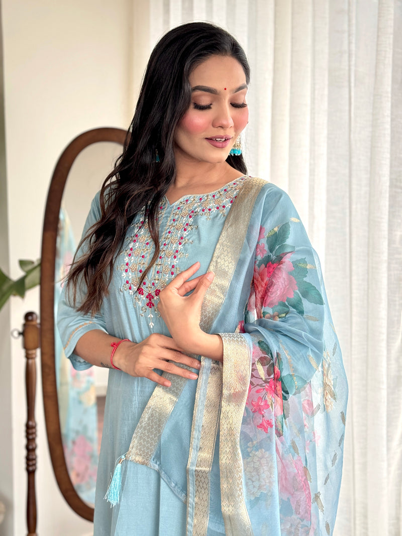 Rama Blue Viscose Chanderi Kurti Set with Jacquard Butti Dupatta