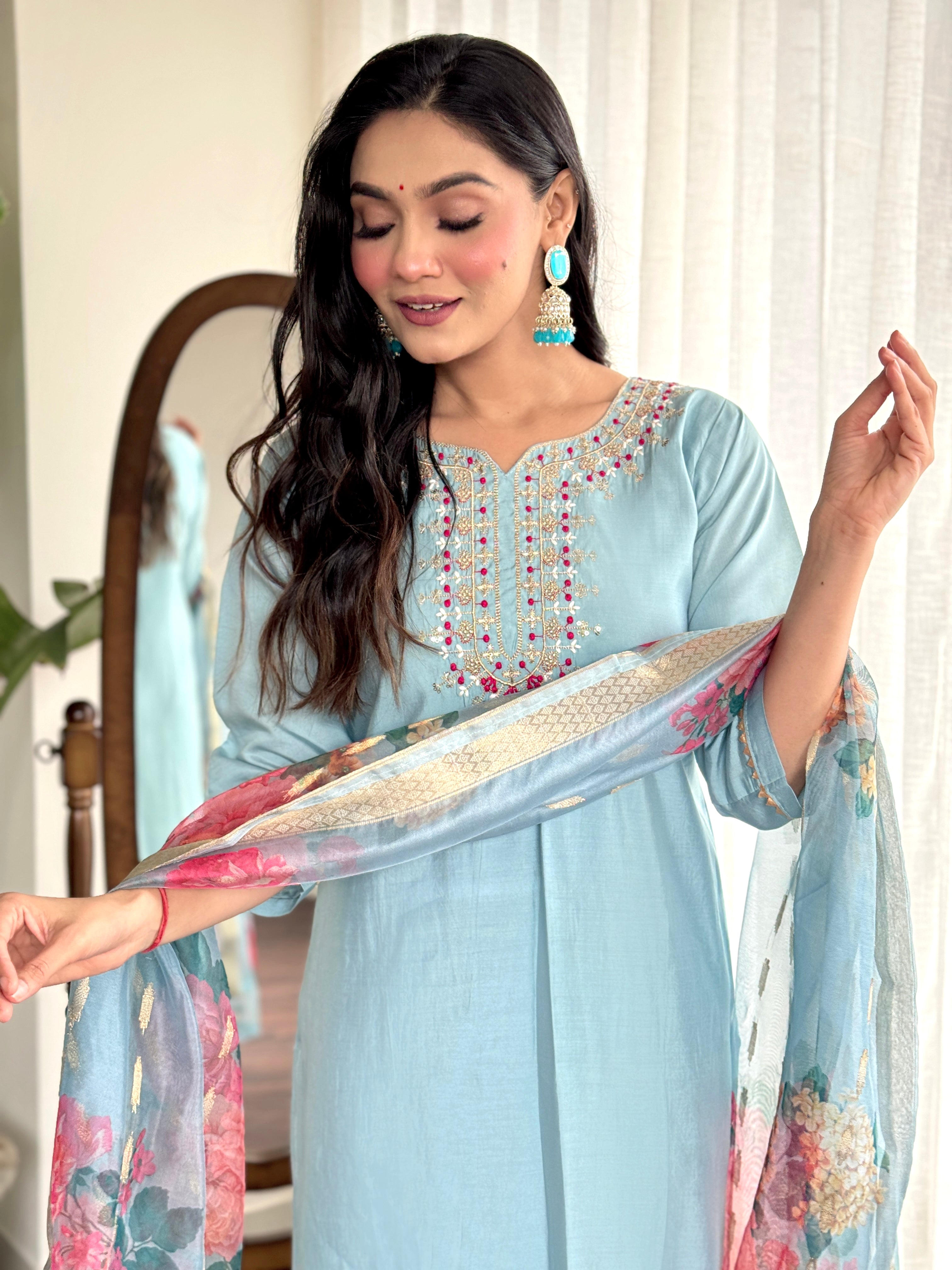 Rama Blue Viscose Chanderi Kurti Set with Jacquard Butti Dupatta