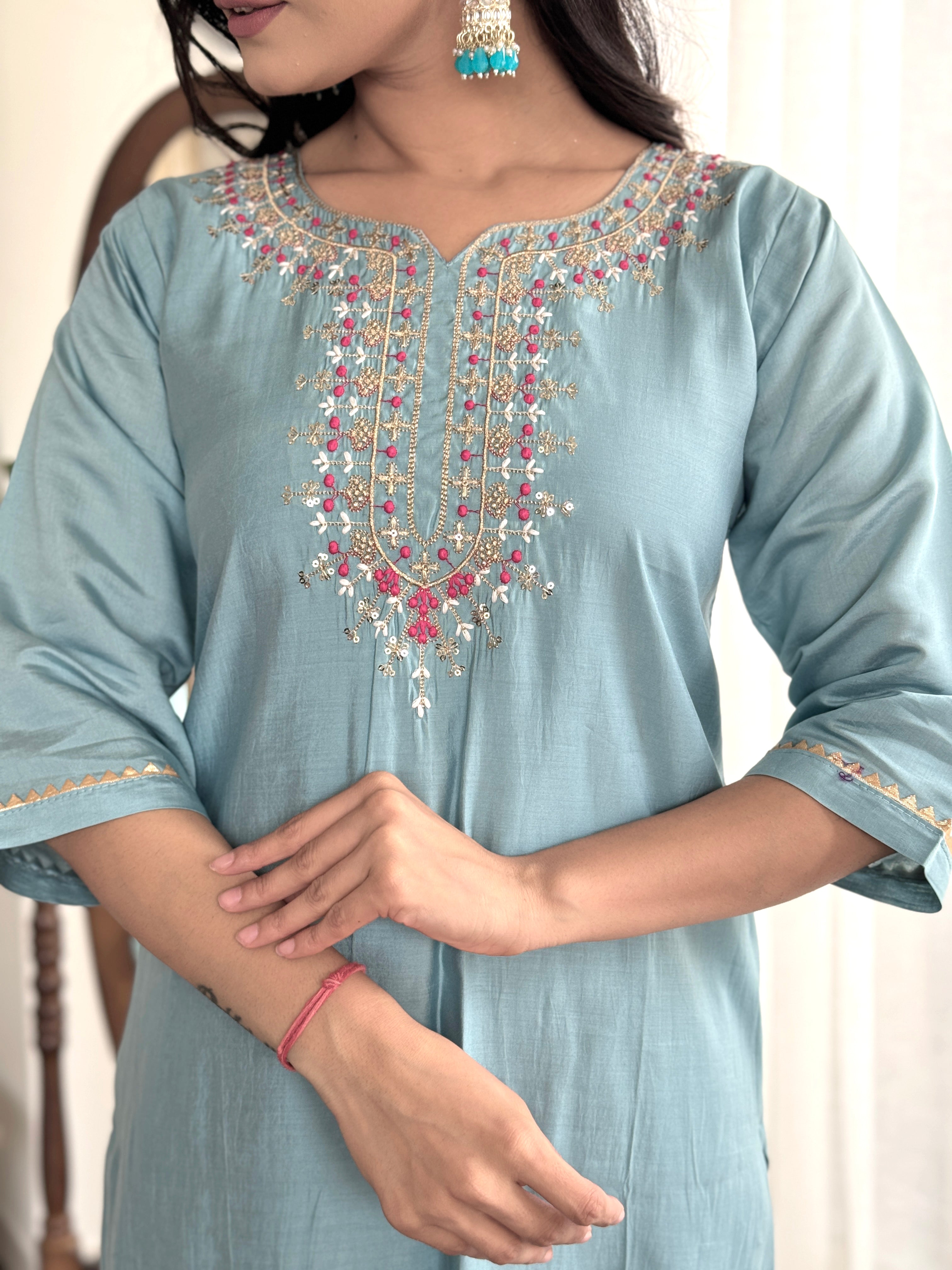 Rama Blue Viscose Chanderi Kurti Set with Jacquard Butti Dupatta