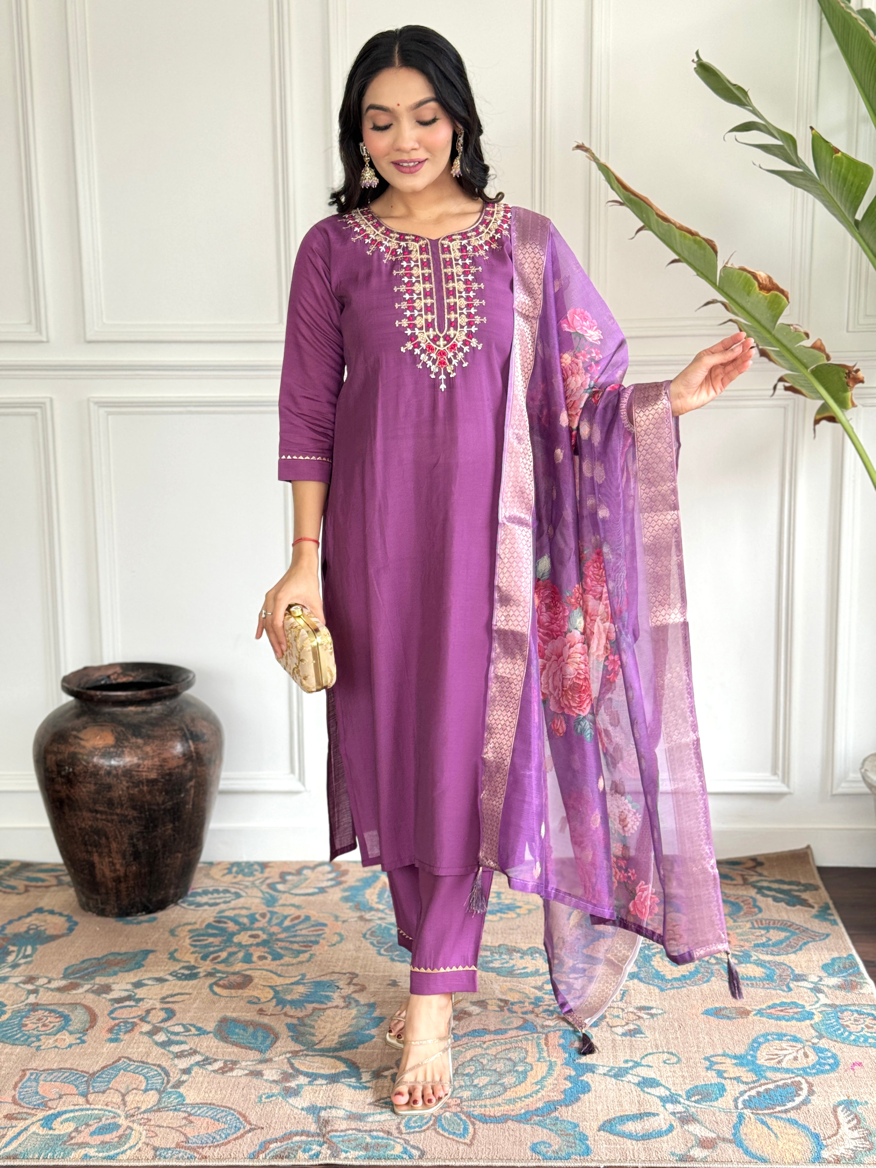 Wine Viscose Chanderi Kurti Set with Jacquard Dupatta
