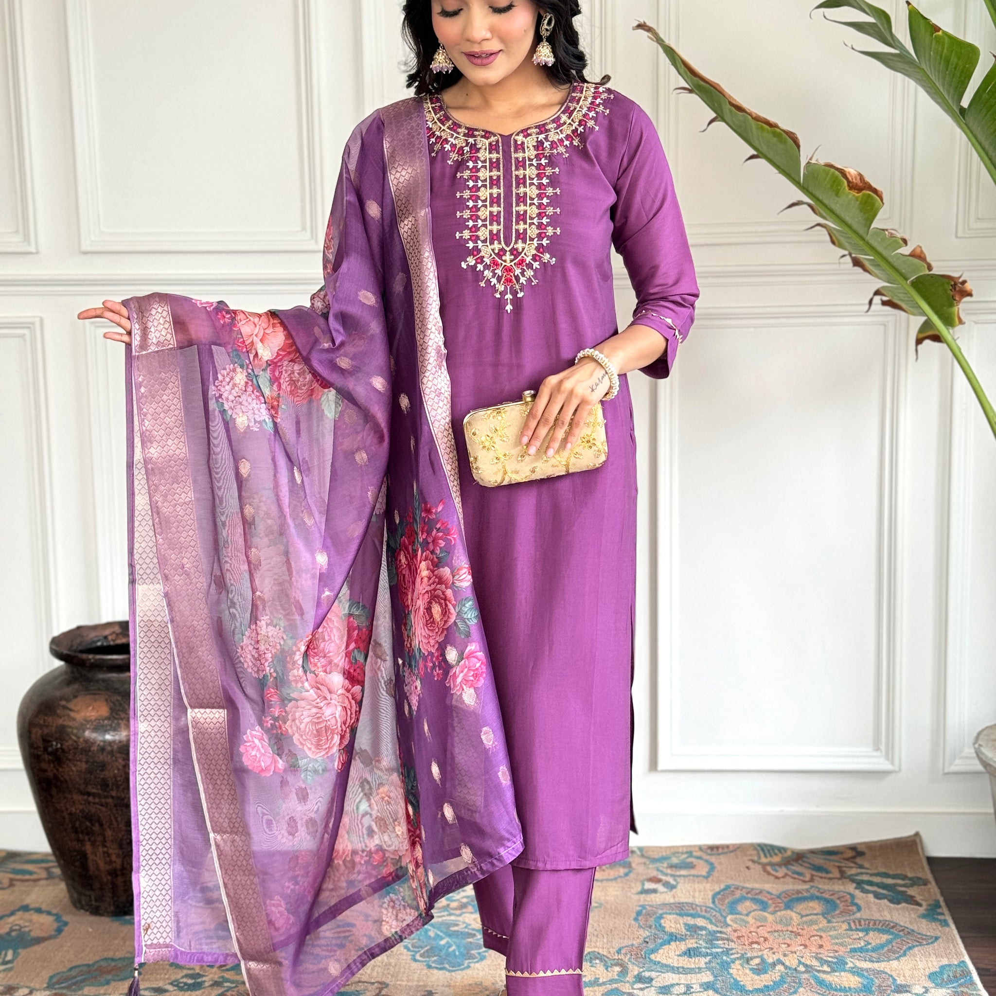 Wine Viscose Chanderi Kurti Set with Jacquard Dupatta