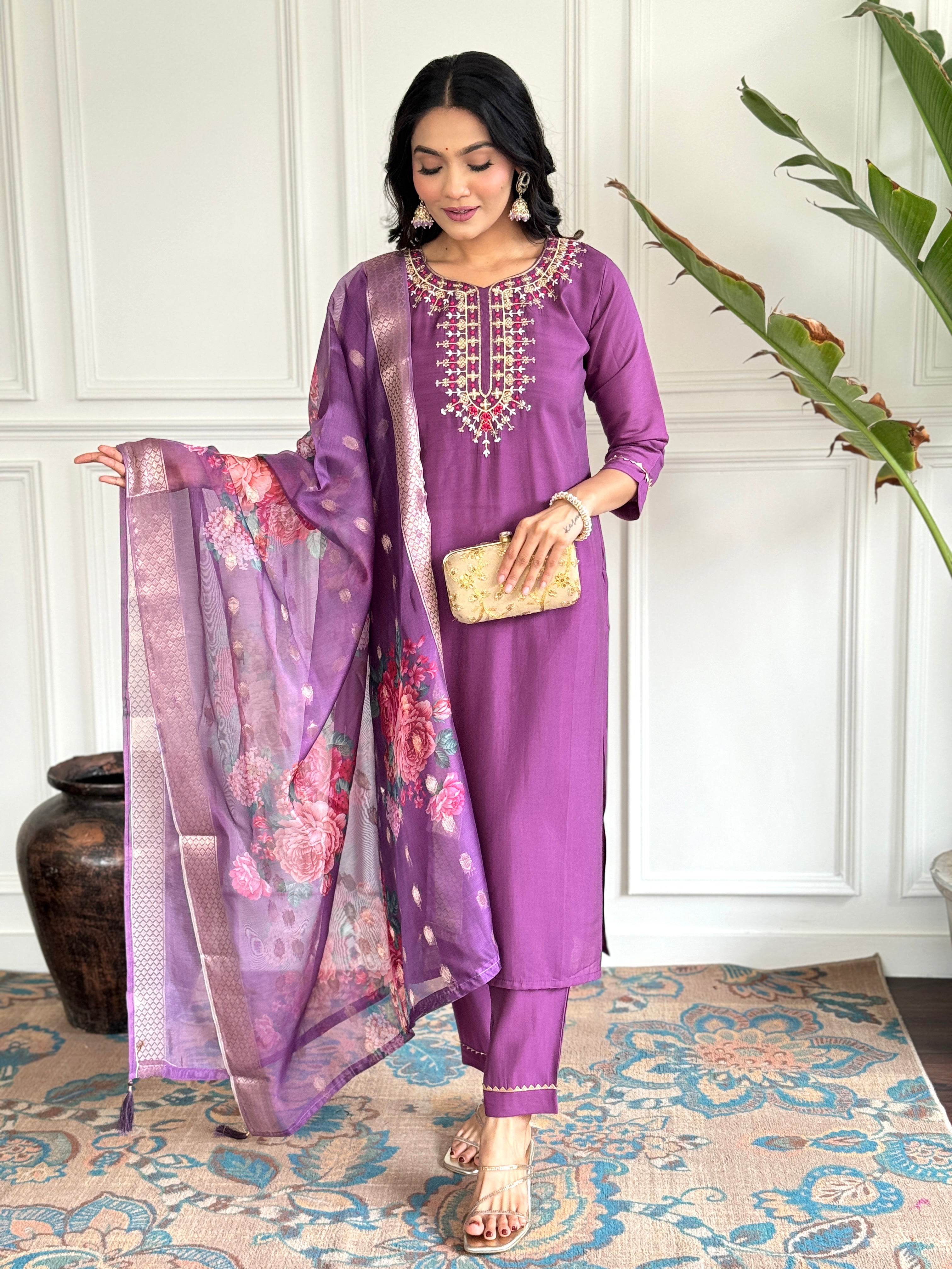 Wine Viscose Chanderi Kurti Set with Jacquard Dupatta