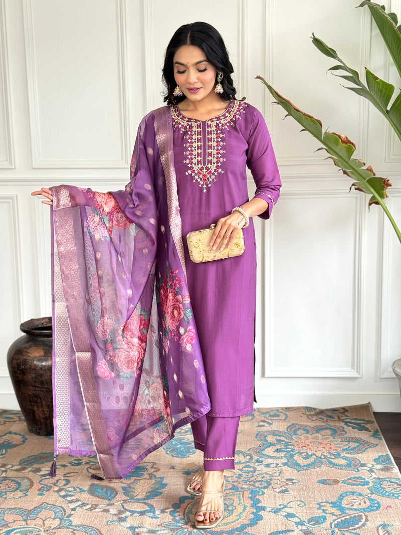 Wine Viscose Chanderi Kurti Set with Jacquard Dupatta