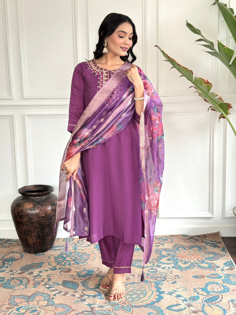 Wine Viscose Chanderi Kurti Set with Jacquard Dupatta