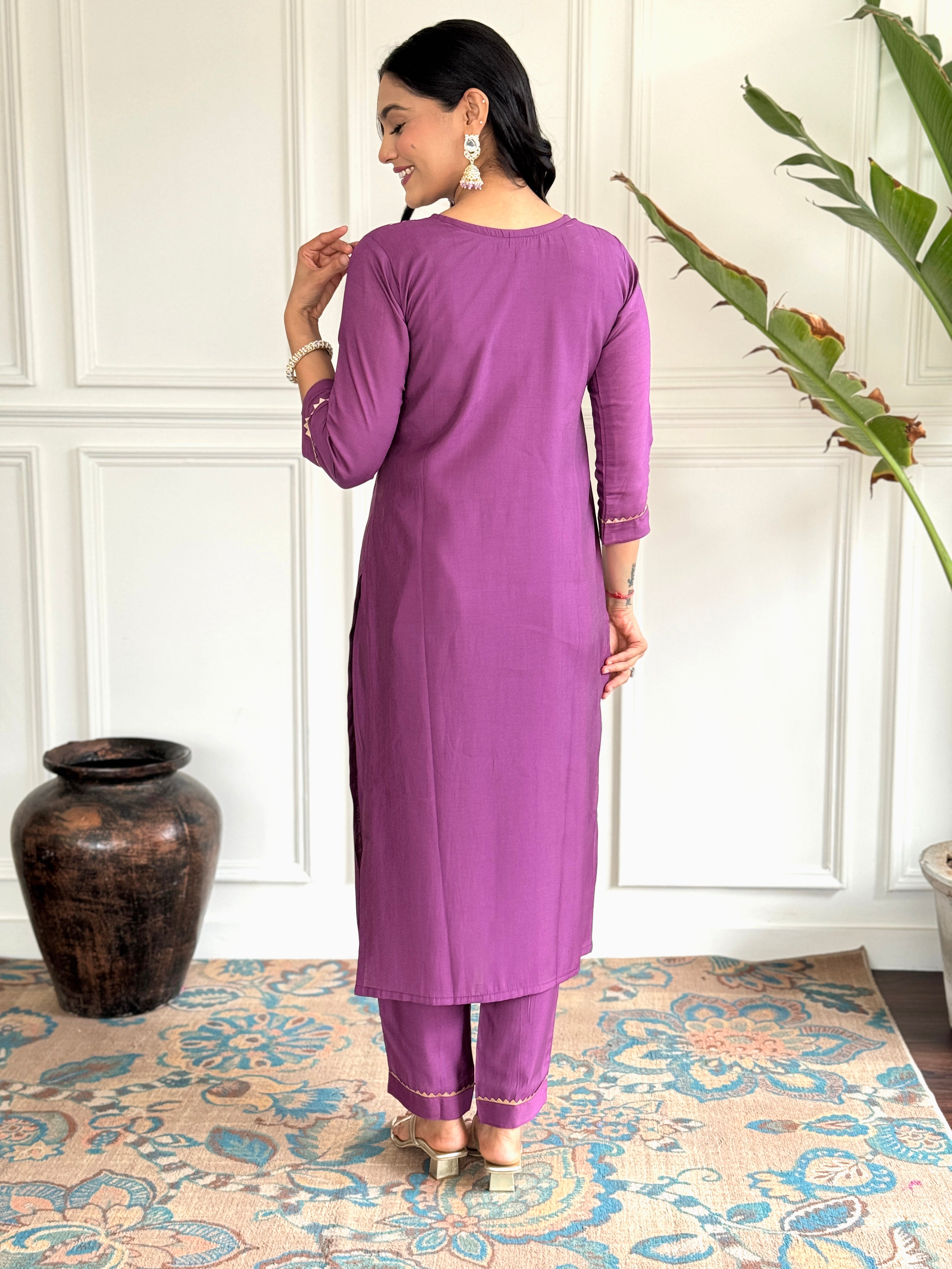 Wine Viscose Chanderi Kurti Set with Jacquard Dupatta