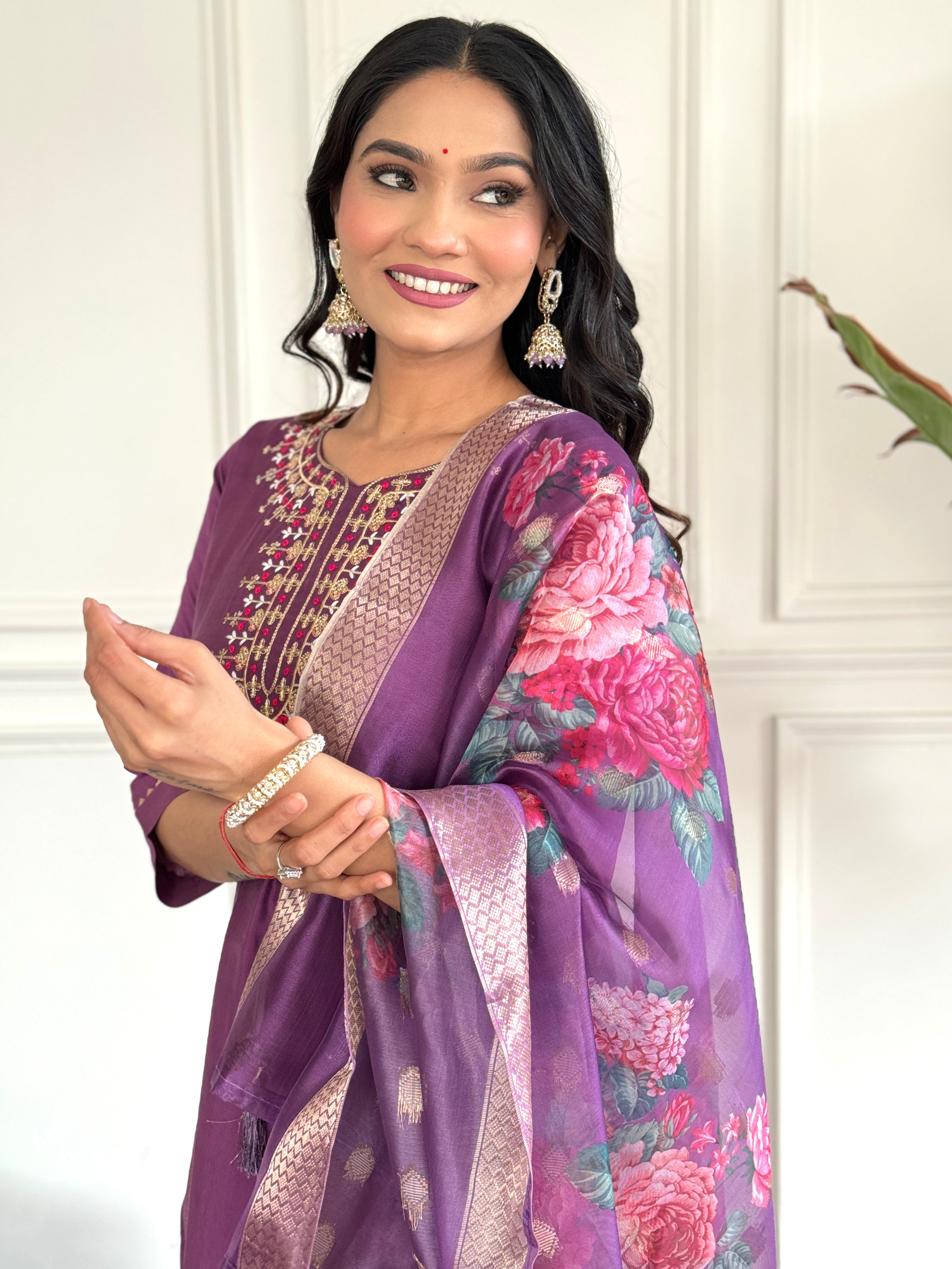 Wine Viscose Chanderi Kurti Set with Jacquard Dupatta