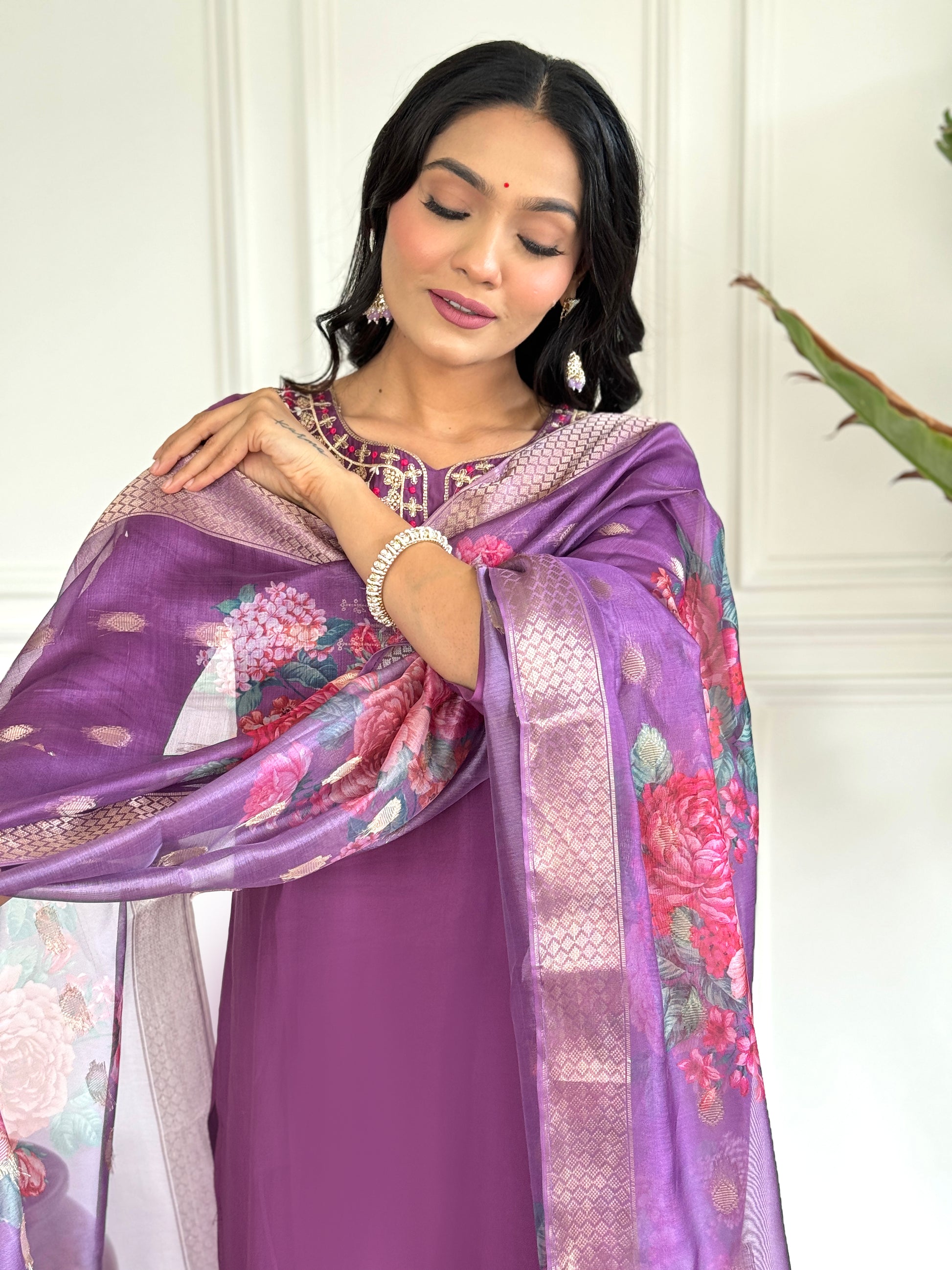 Wine Viscose Chanderi Kurti Set with Jacquard Dupatta