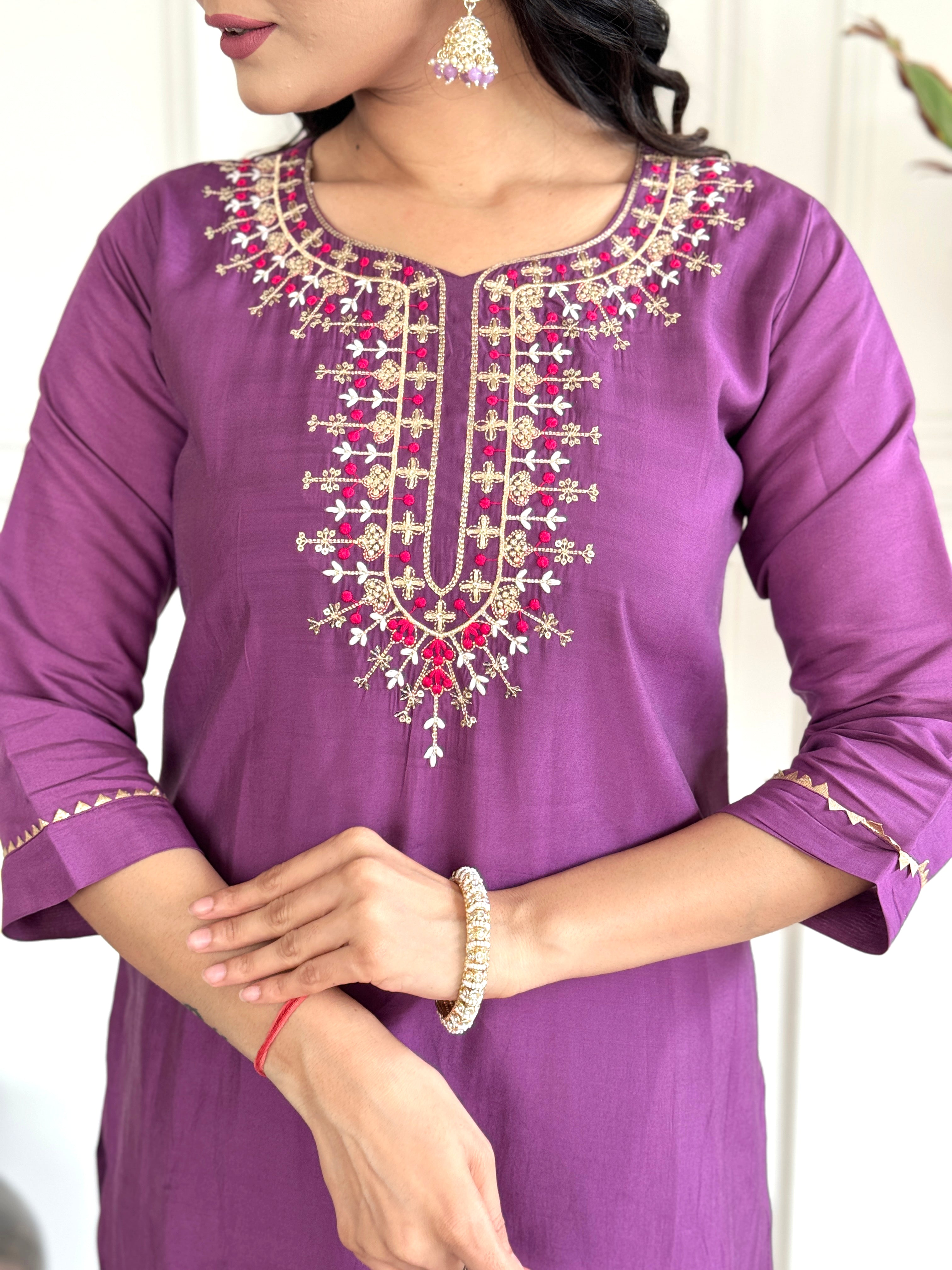Wine Viscose Chanderi Kurti Set with Jacquard Dupatta