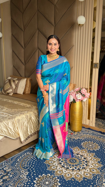 Rama Pink Soft Silk Ikkat Zari Patola Soft Silk Saree
