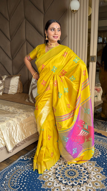 Yellow Pink Soft Silk Ikkat Zari Patola Soft Silk Saree