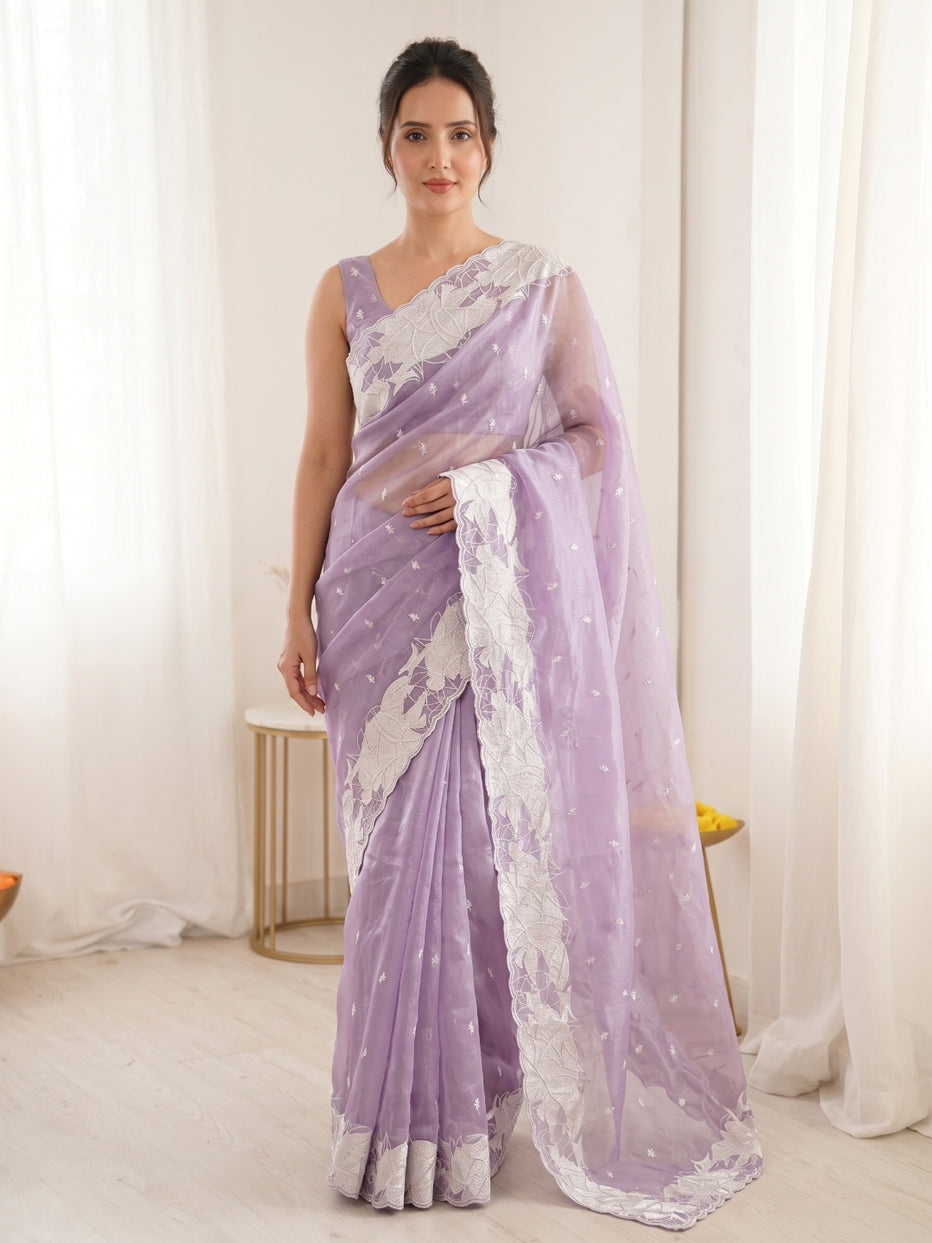 Lavender Pure Organza Silk Crush Turkish Work Organza Saree