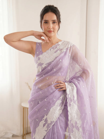 Lavender Pure Organza Silk Crush Turkish Work Organza Saree