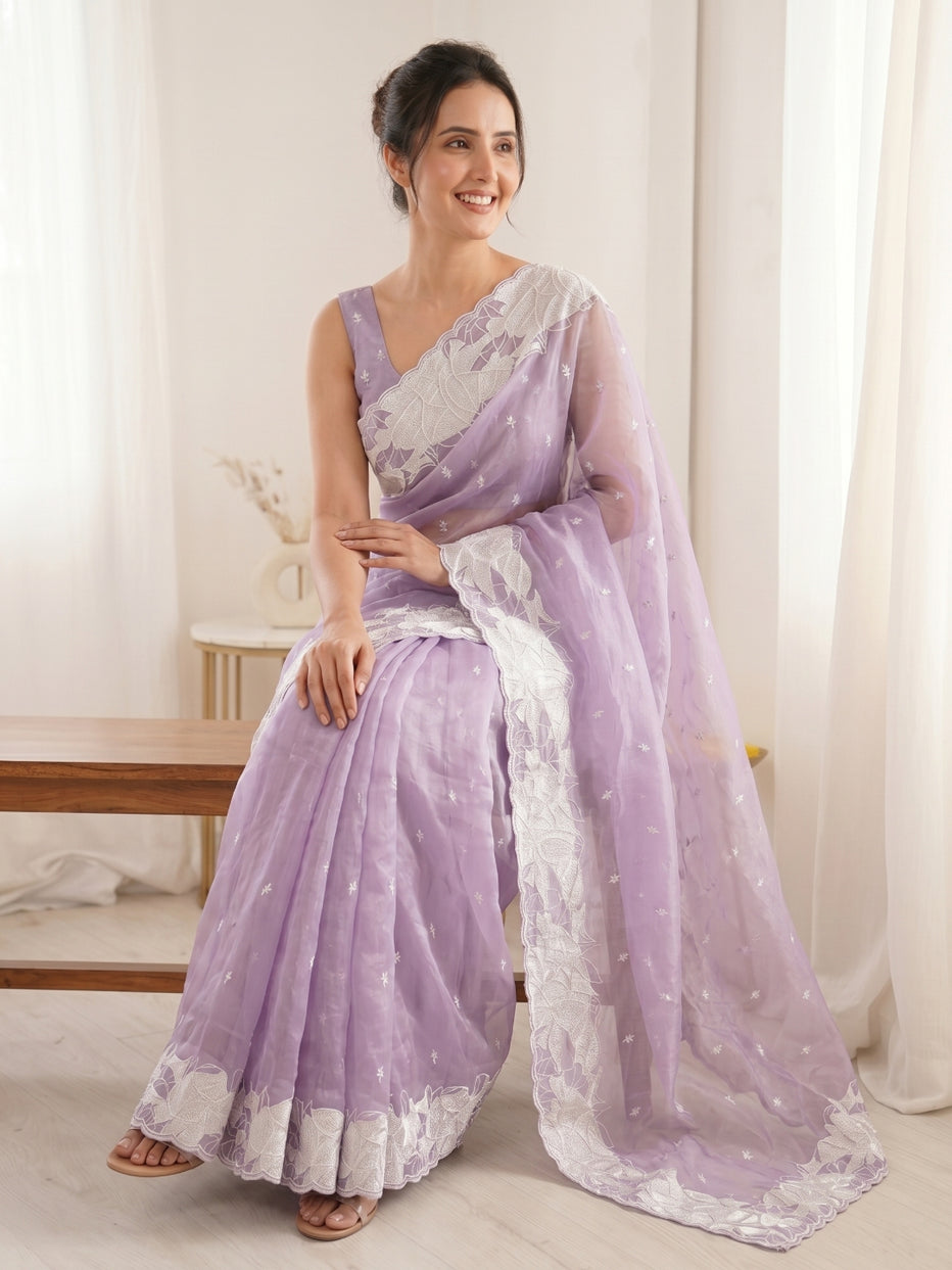 Lavender Pure Organza Silk Crush Turkish Work Organza Saree