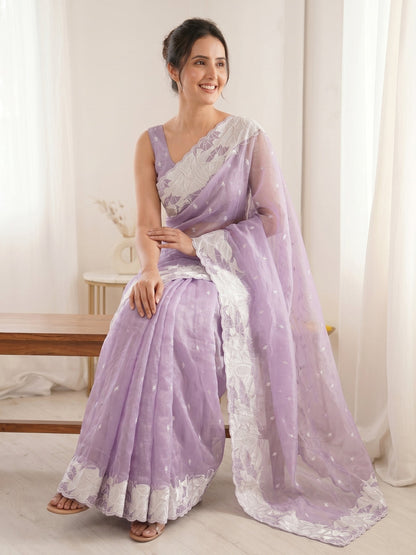Lavender Pure Organza Silk Crush Turkish Work Organza Saree