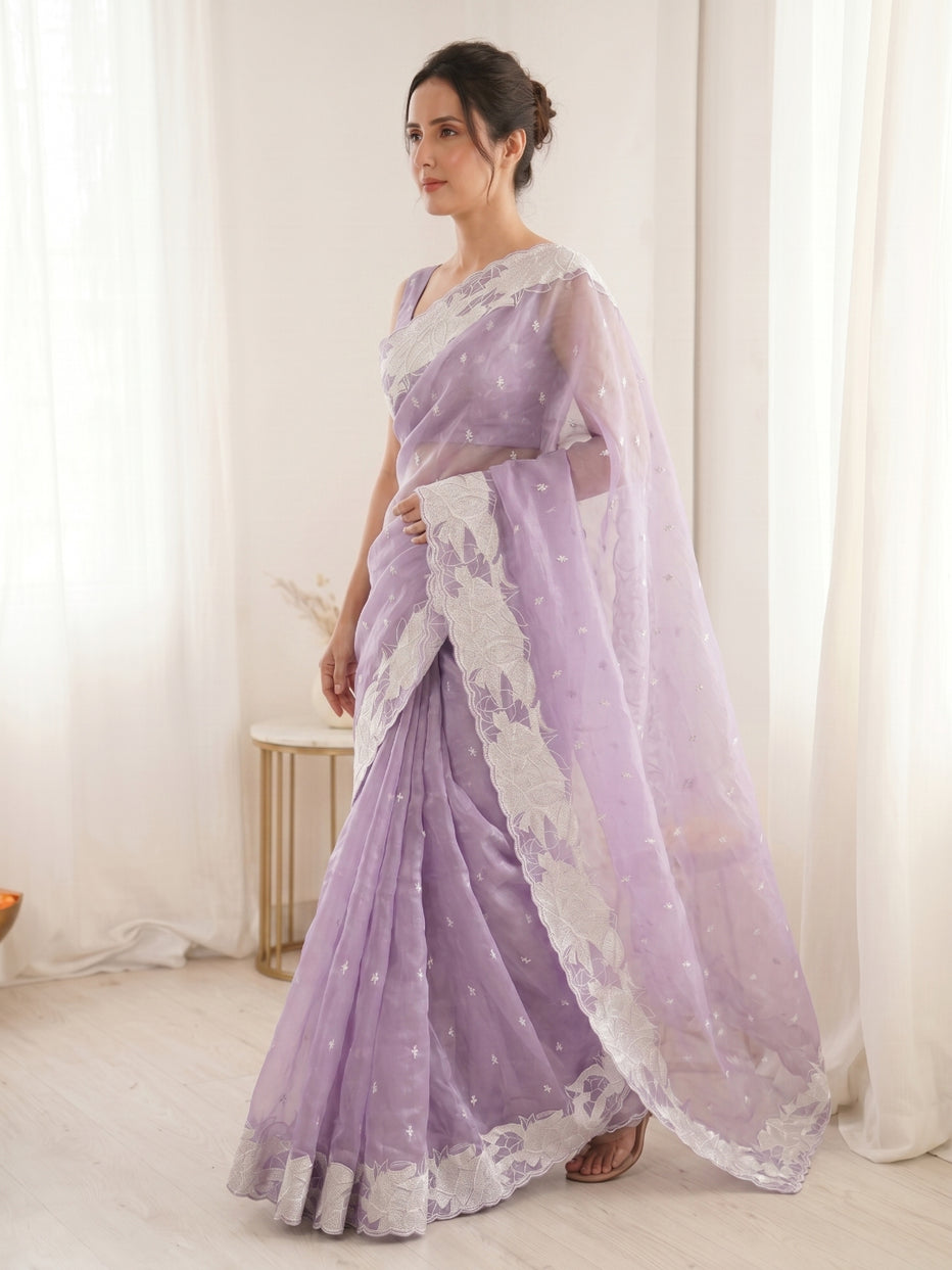Lavender Pure Organza Silk Crush Turkish Work Organza Saree