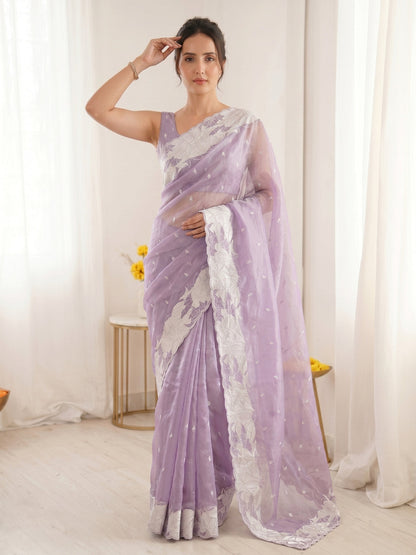 Lavender Pure Organza Silk Crush Turkish Work Organza Saree